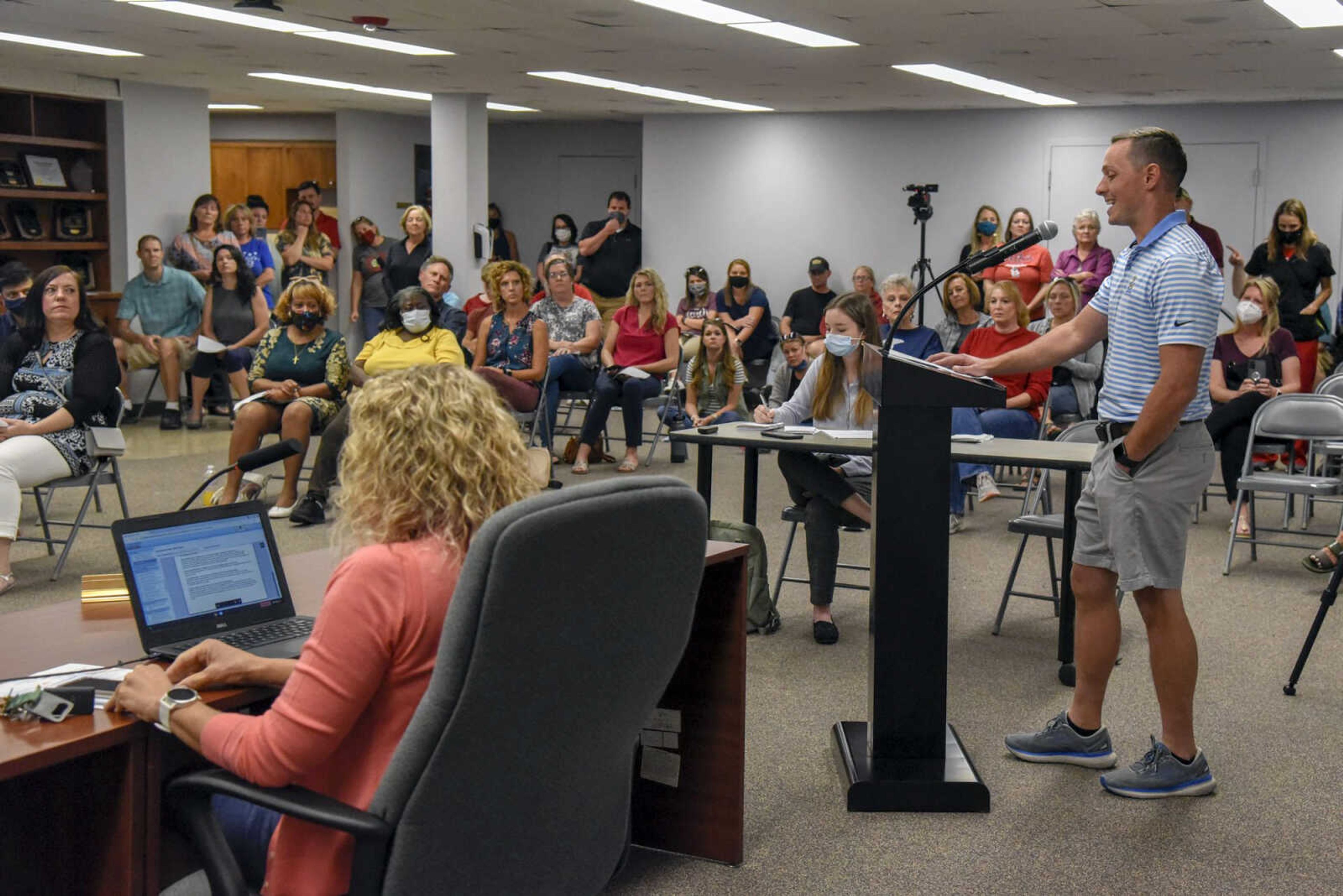 Clayton Camp speaks during the Cape Girardeau School District board meeting Monday at the district's office in Cape Girardeau.