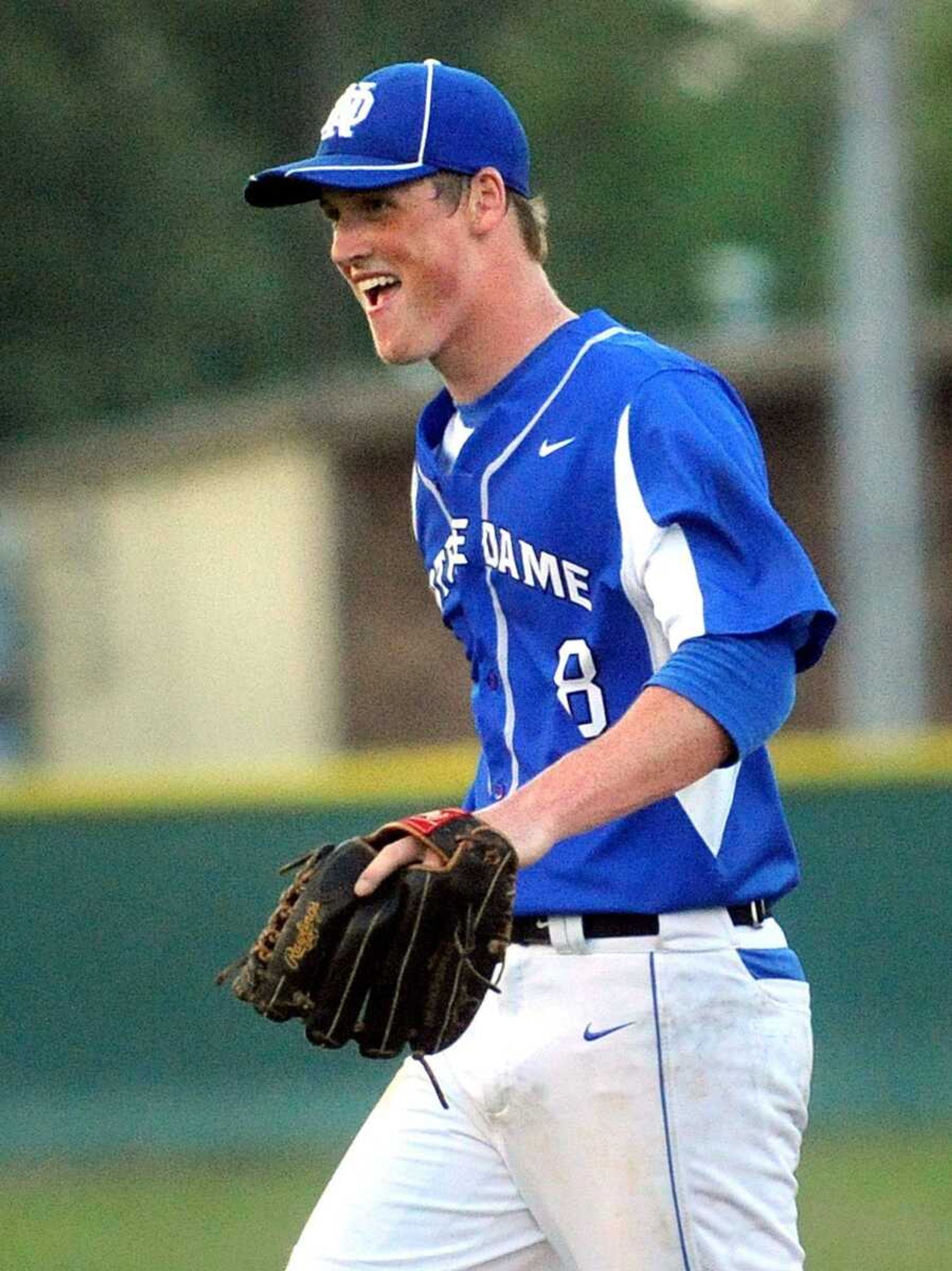 Notre Dame pitcher Graham Ruopp reacts after striking out a Kennett batter in the third inning of the Bulldogs' Class 4 District 1 championship game against the Indians, Wednesday, May 21, 2014, in Sikeston, Mo. Notre Dame won 12-1. (Laura Simon)