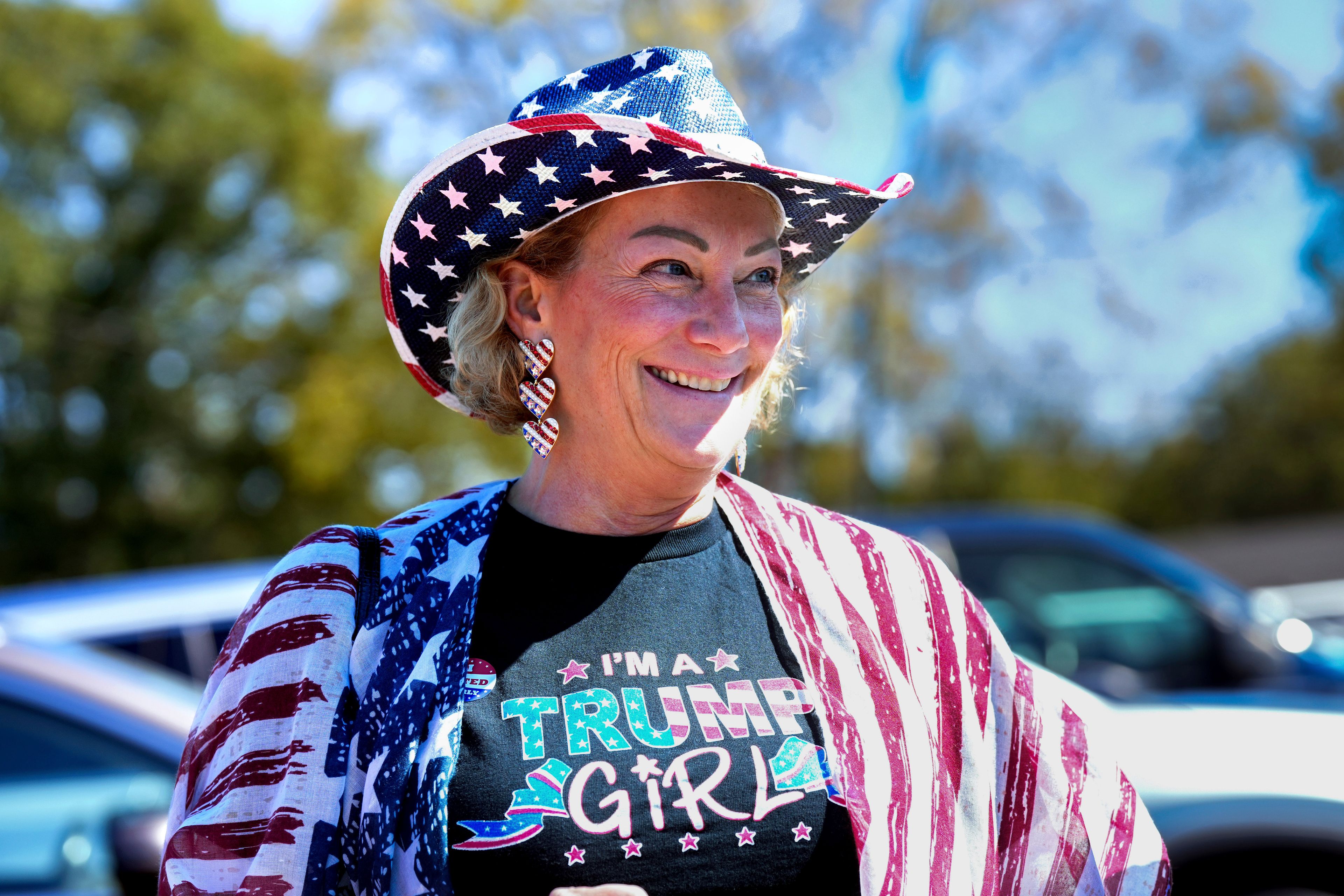 Trump supporter, Renee Kyro of Lake Lure, North Carolina at the Team Trump bus tour across North Carolina, Thursday, Oct. 17, 2024 in Rutherfordton, N.C. (AP Photo/Kathy Kmonicek)