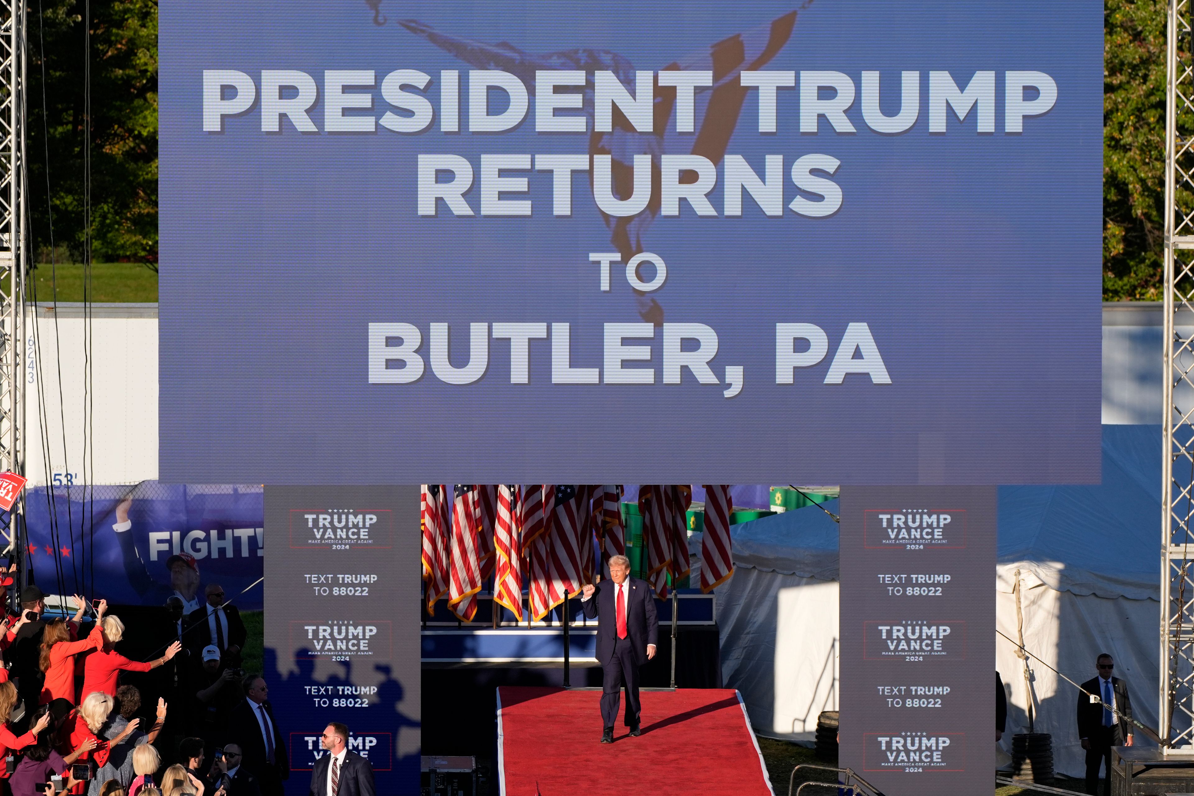 Republican presidential nominee former President Donald Trump arrives to speak at a campaign event at the Butler Farm Show, Saturday, Oct. 5, 2024, in Butler, Pa. (AP Photo/Alex Brandon)