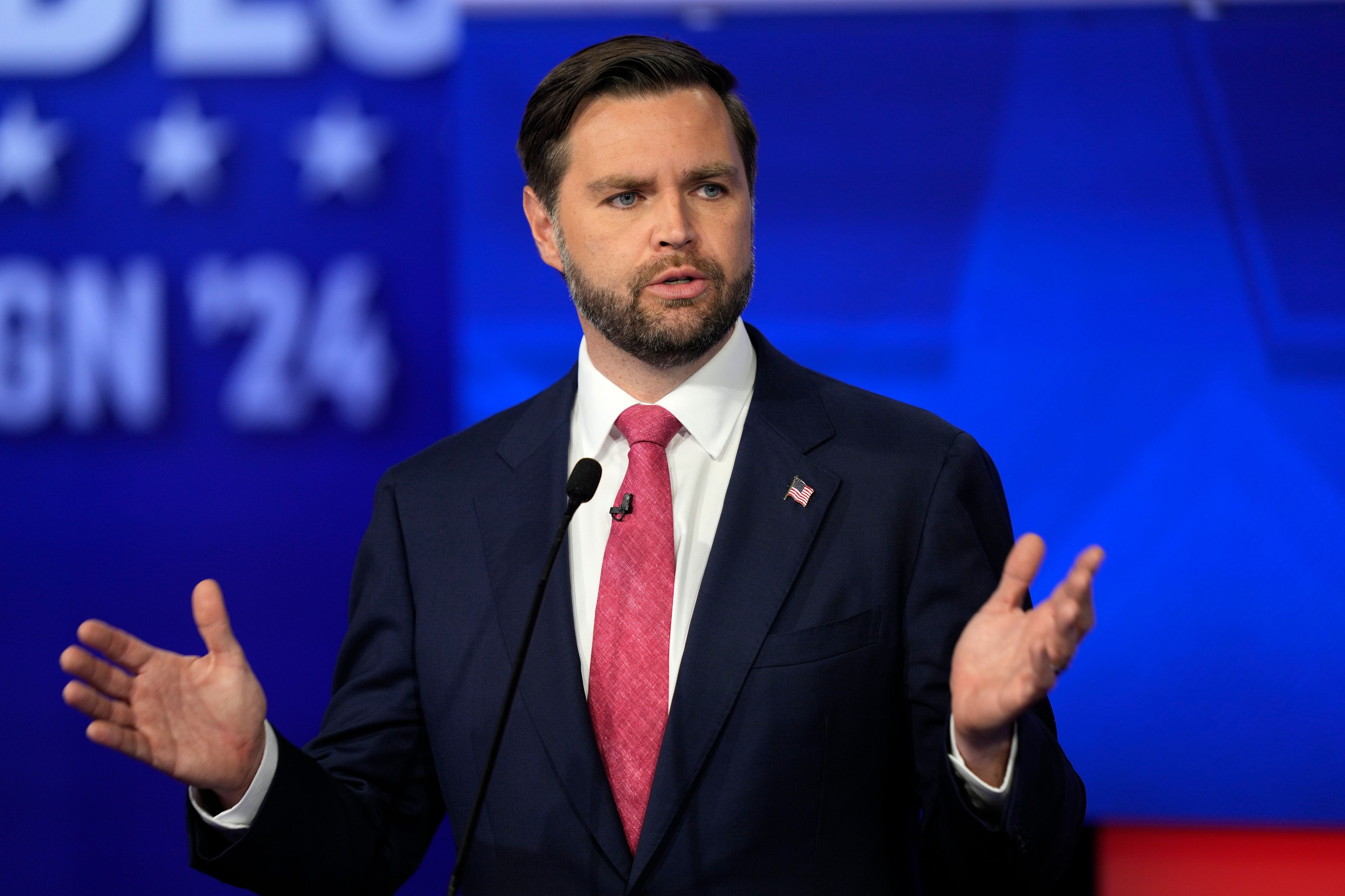 Republican vice presidential nominee Sen. JD Vance, R-Ohio, speaks during a vice presidential debate hosted by CBS News, with Democratic vice presidential candidate Minnesota Gov. Tim Walz, Tuesday, Oct. 1, 2024, in New York. (AP Photo/Matt Rourke)