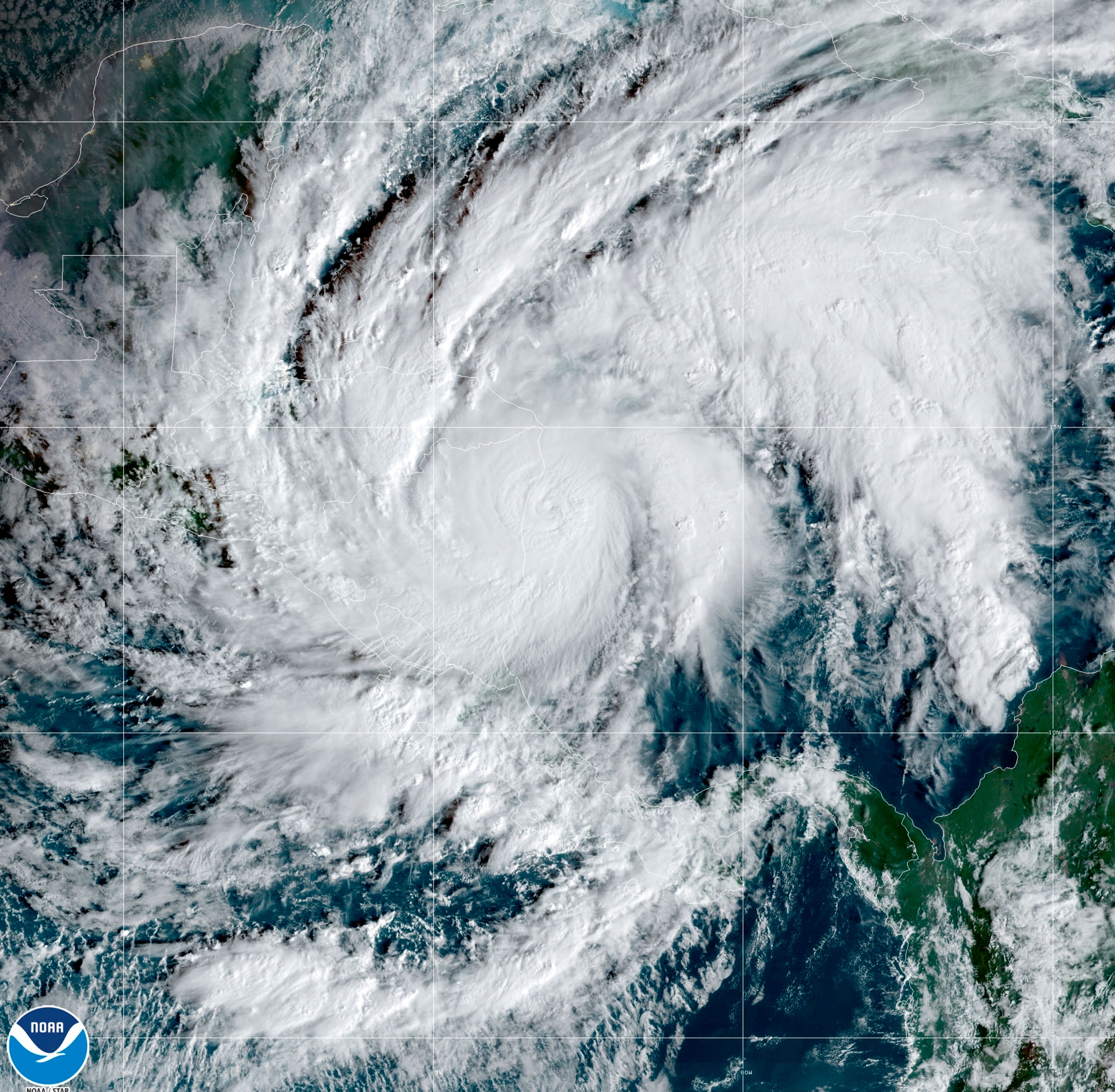 FILE - This GeoColor satellite image taken, Nov. 3, 2020, and provided by NOAA, shows Hurricane Eta in the Caribbean Sea, arriving at Nicaragua's northern shore. (NOAA via AP, File)