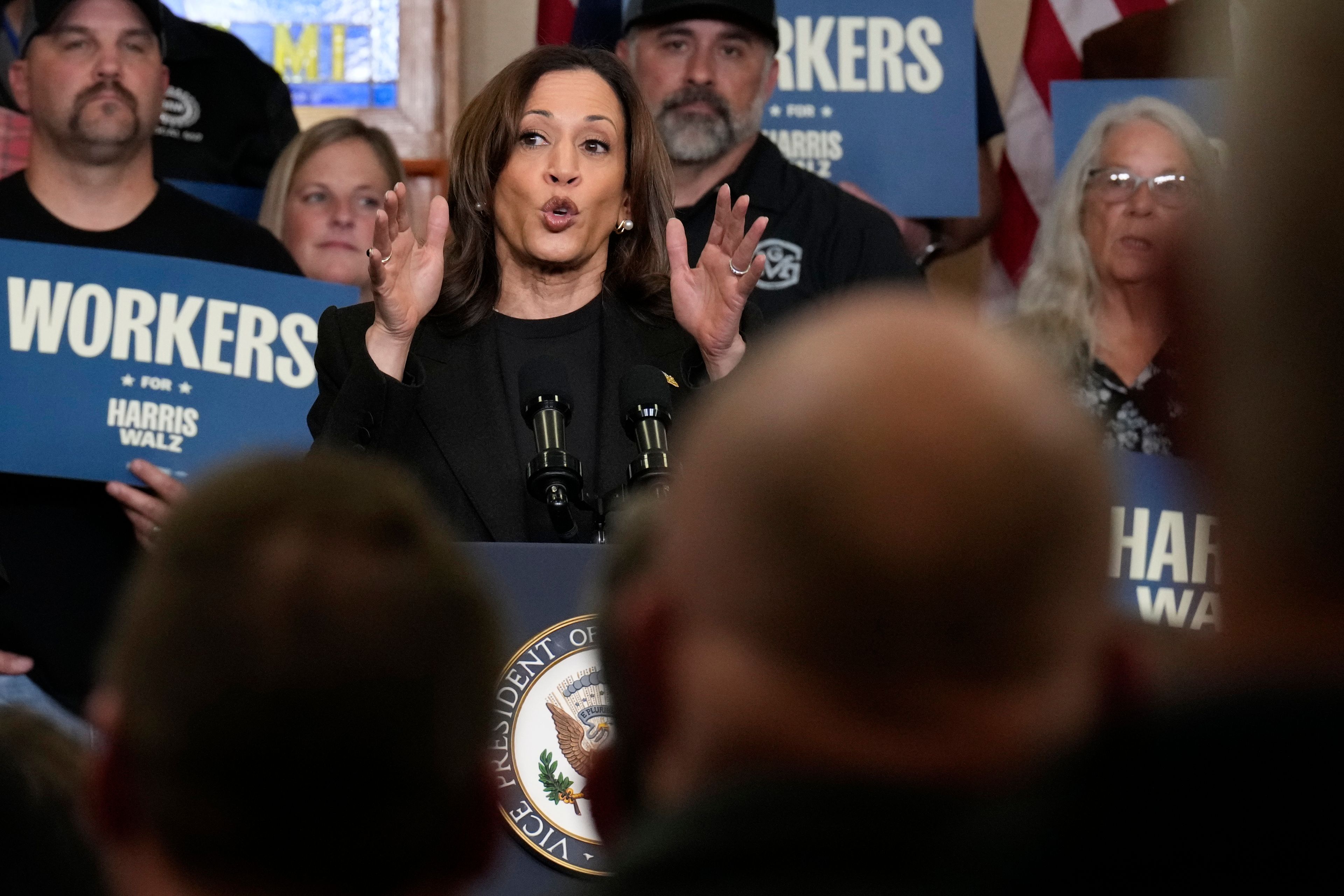 Democratic presidential nominee Vice President Kamala Harris speaks at UAW Local 652 during a campaign event in Lansing, Mich., Friday, Oct. 18, 2024. (AP Photo/Jacquelyn Martin)