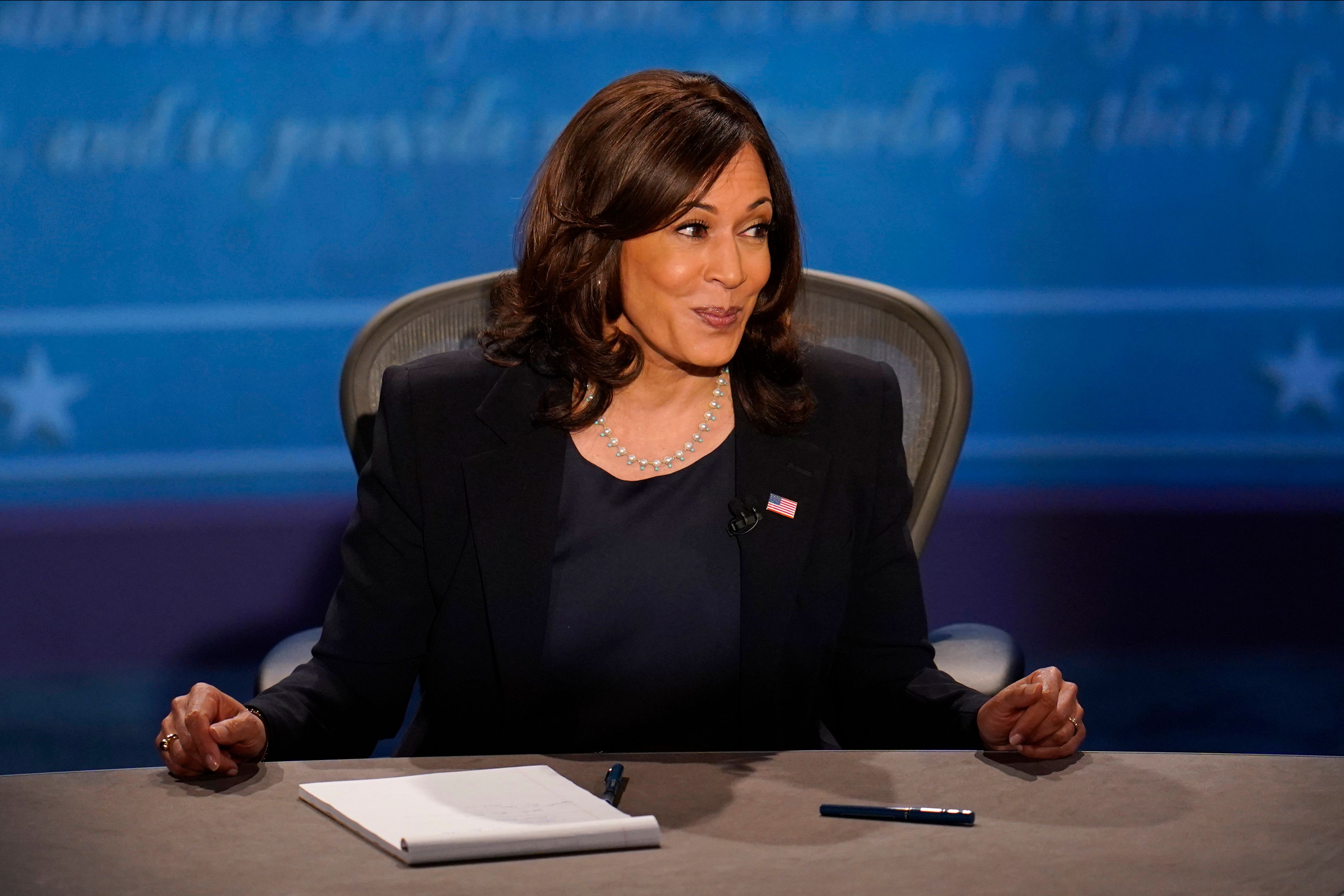 FILE - Democratic vice presidential candidate Sen. Kamala Harris, D-Calif., participates in the vice presidential debate with Vice President Mike Pence, Oct. 7, 2020, at Kingsbury Hall on the campus of the University of Utah in Salt Lake City. (AP Photo/Julio Cortez, File)