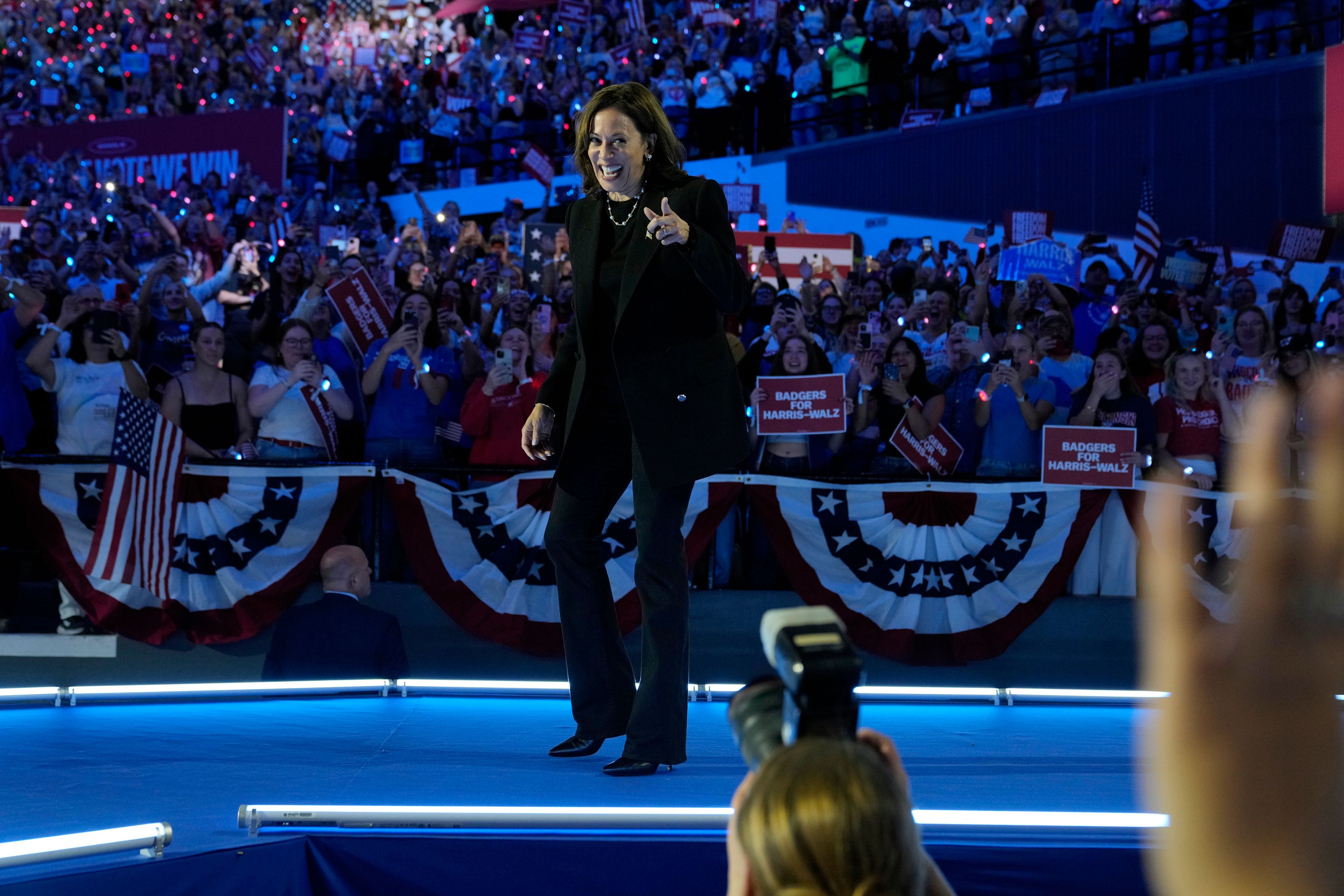 Democratic presidential nominee Vice President Kamala Harris arrives to speak during a campaign rally at the Alliant Energy Center in Madison, Wis., Wednesday, Oct. 30, 2024. (AP Photo/Jacquelyn Martin)