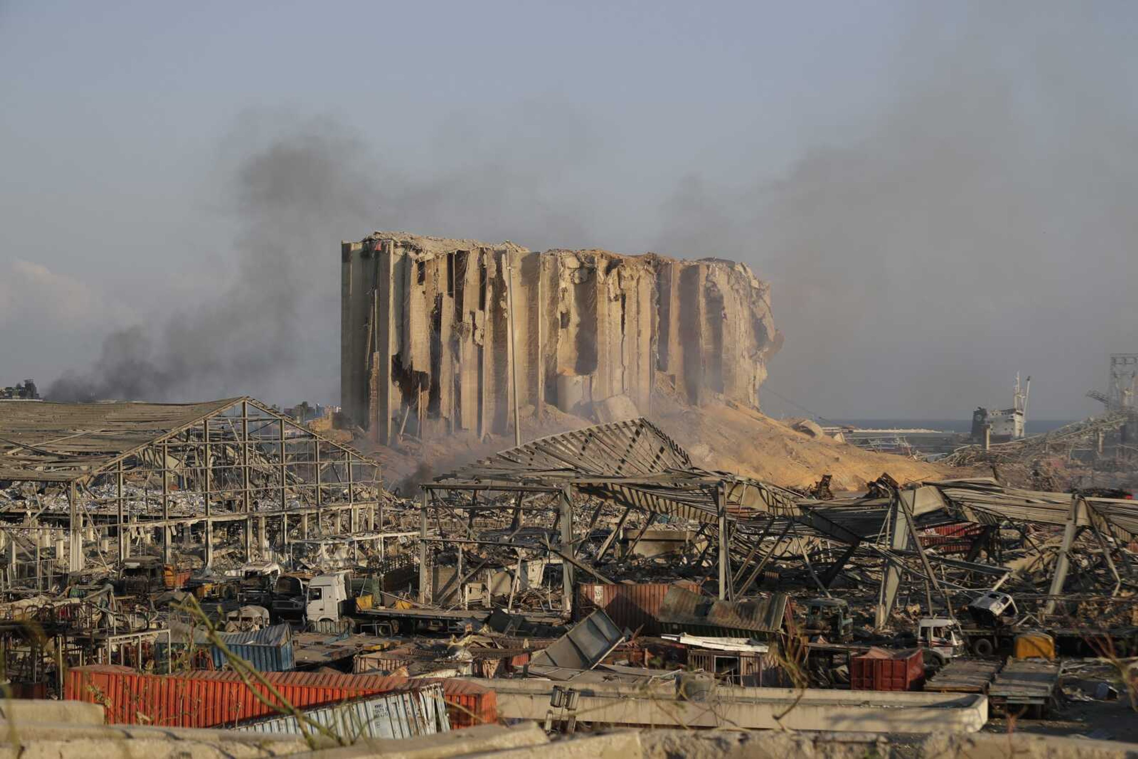 Damage is seen Wednesday after a massive explosion Tuesday in Beirut, Lebanon. The explosion flattened much of a port and damaged buildings across Beirut, sending a giant mushroom cloud into the sky.