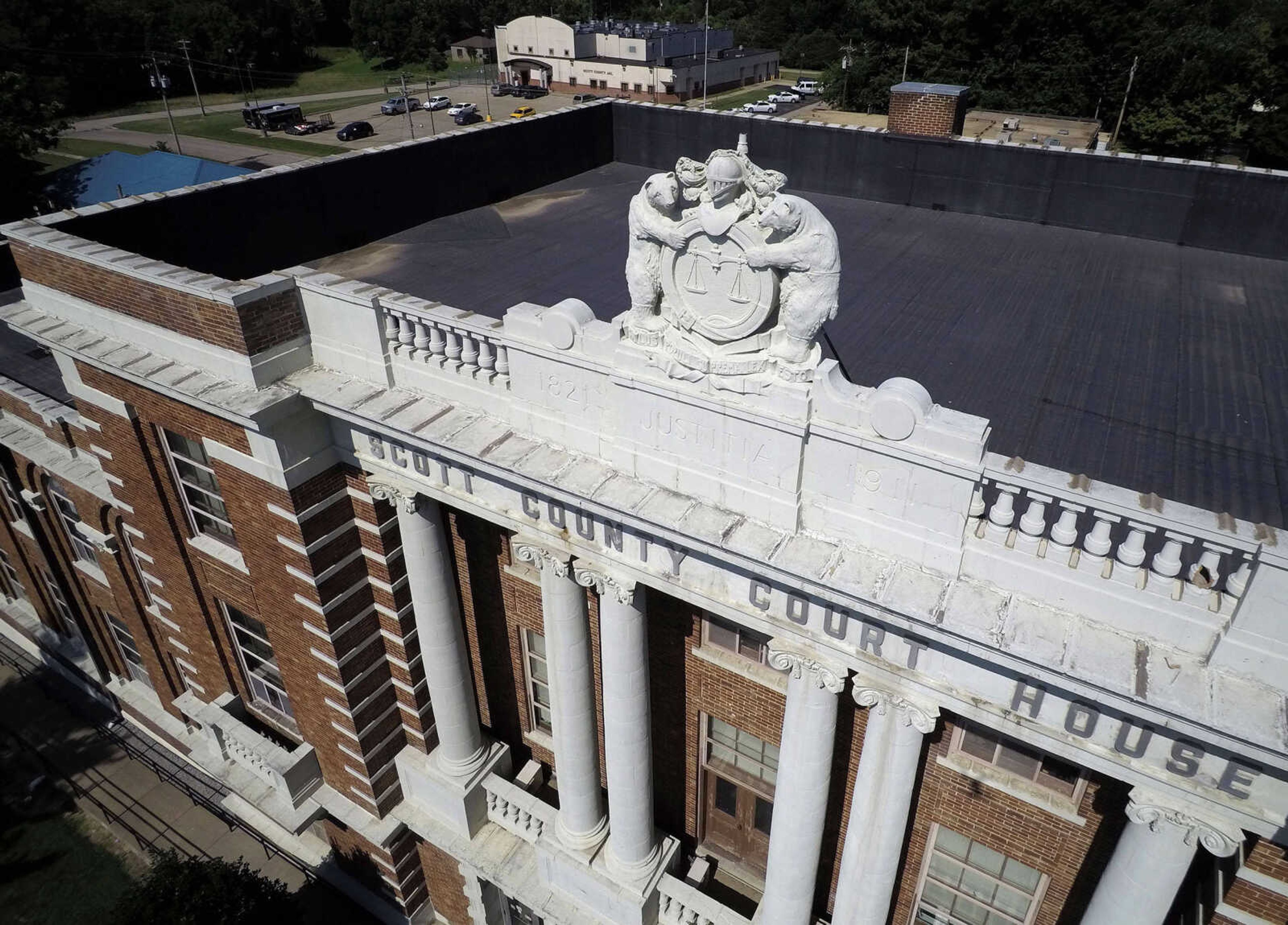 FRED LYNCH ~ flynch@semissourian.com
The Great Seal of the State of Missouri atop the Scott County Courthouse, built in 1912, is seen in this drone view July 8, 2018 in Benton, Missouri.