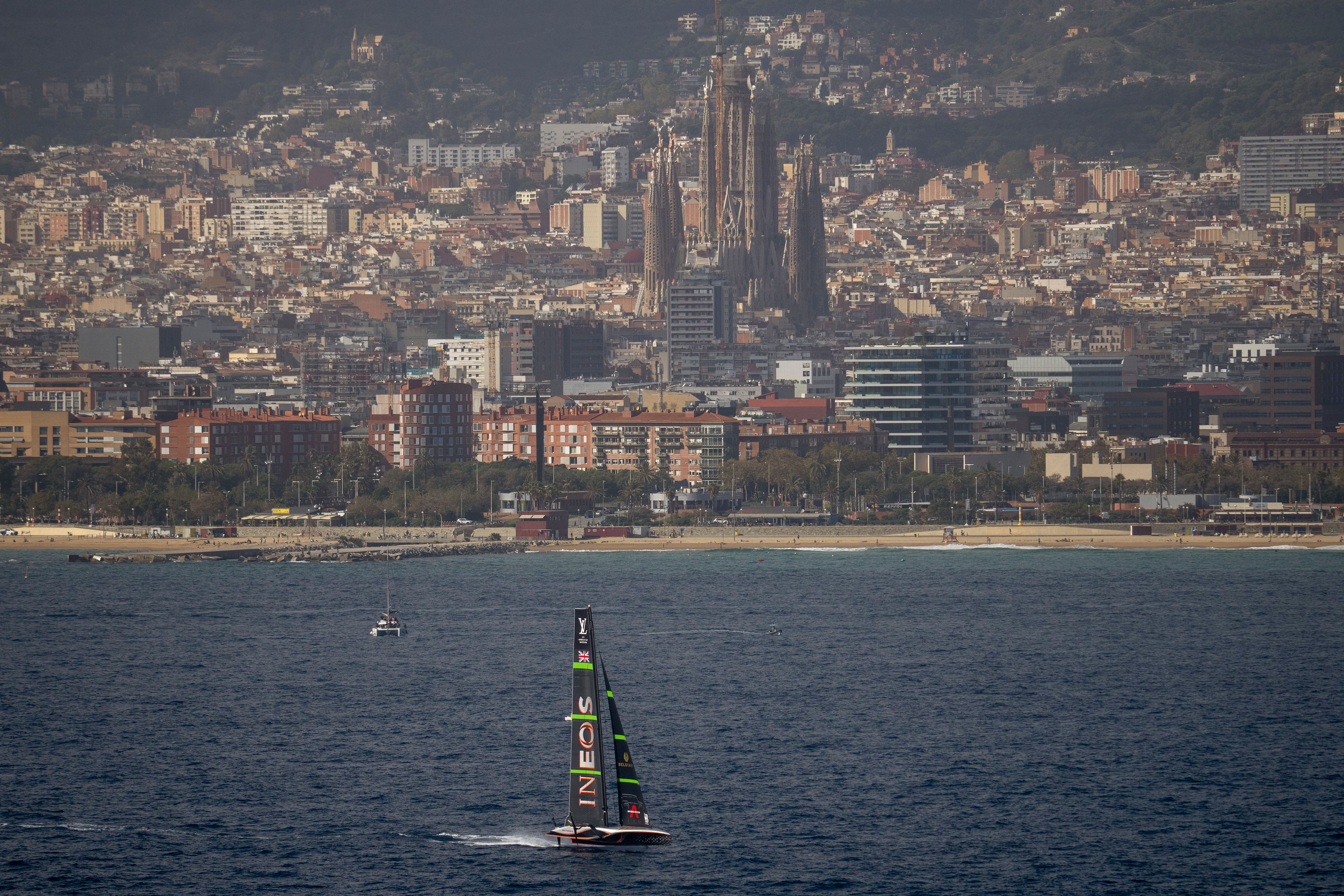 Ineos Britannia races during the Louis Vuitton 37th America's Cup Day 4 race 5 in Barcelona, Spain, Wednesday, Oct. 16, 2024. (AP Photo/Emilio Morenatti)