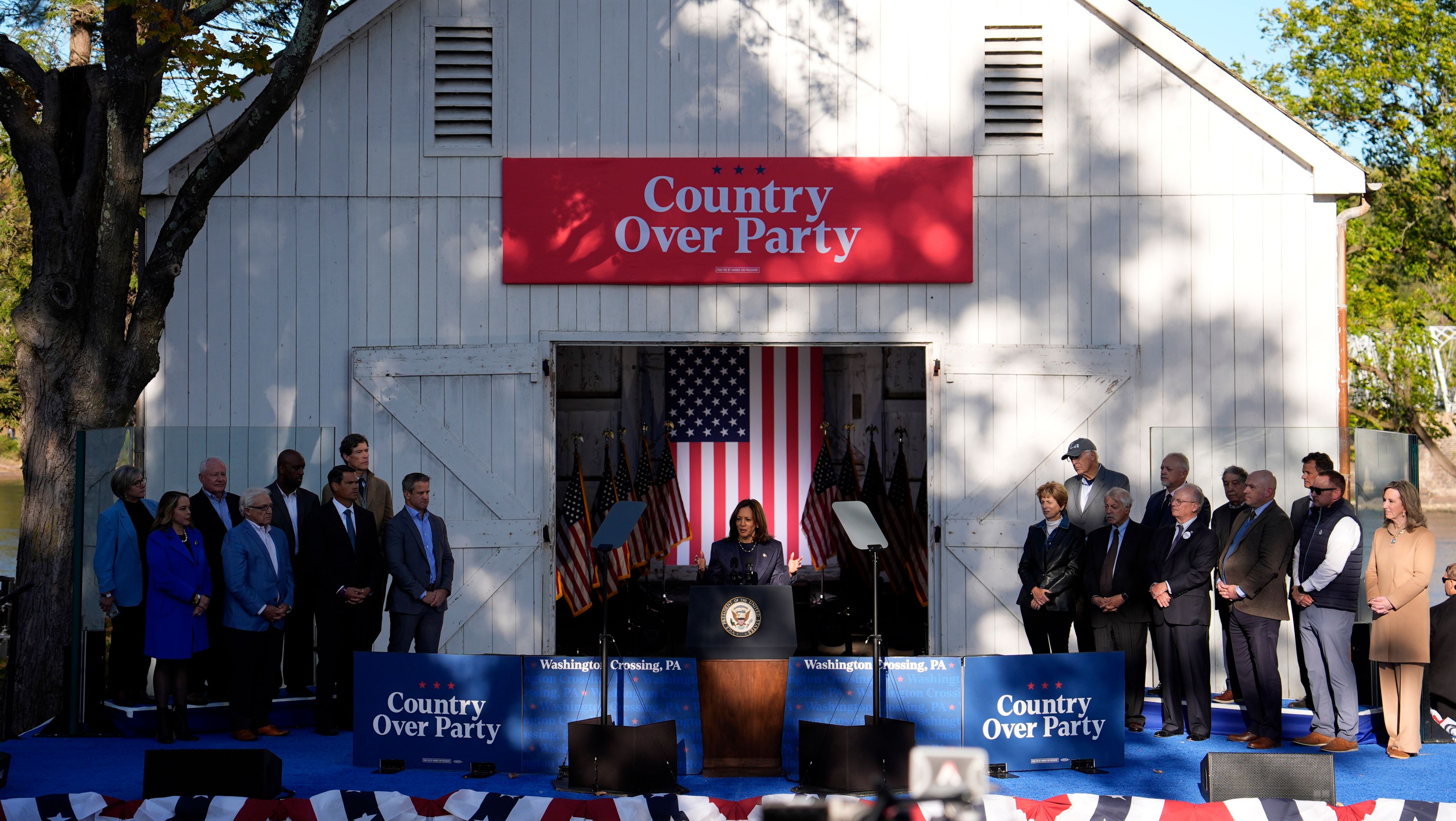 Democratic presidential nominee Vice President Kamala Harris speaks during a campaign event at Washington Crossing Historic Park, Wednesday, Oct. 16, 2024, in Washington Crossing, Pa. (AP Photo/Matt Slocum)