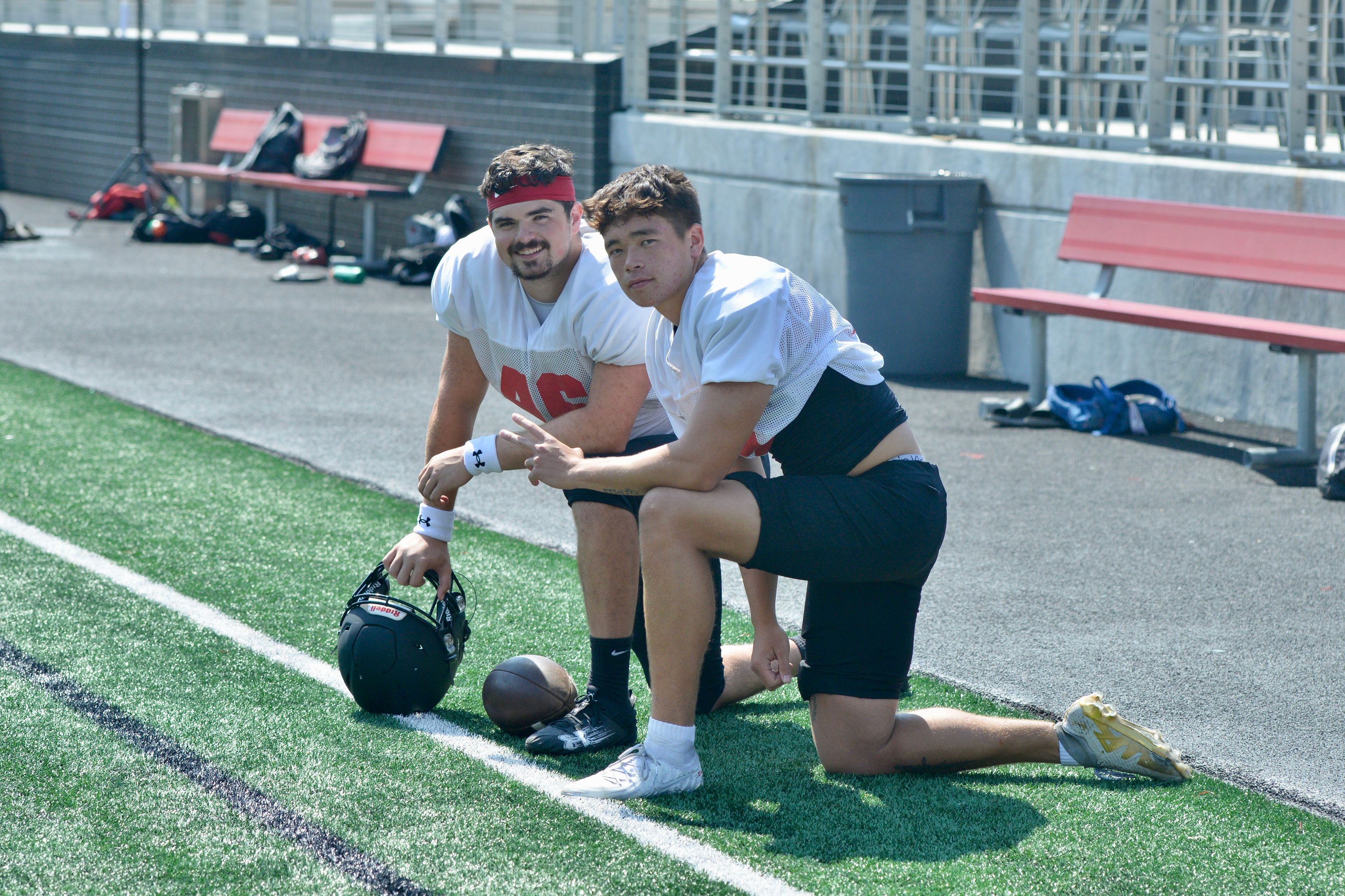 Southeast Missouri State kicker DC Pippin poses for a photo with long snapper Peyton Knight during a recent practice at Houck Field. 