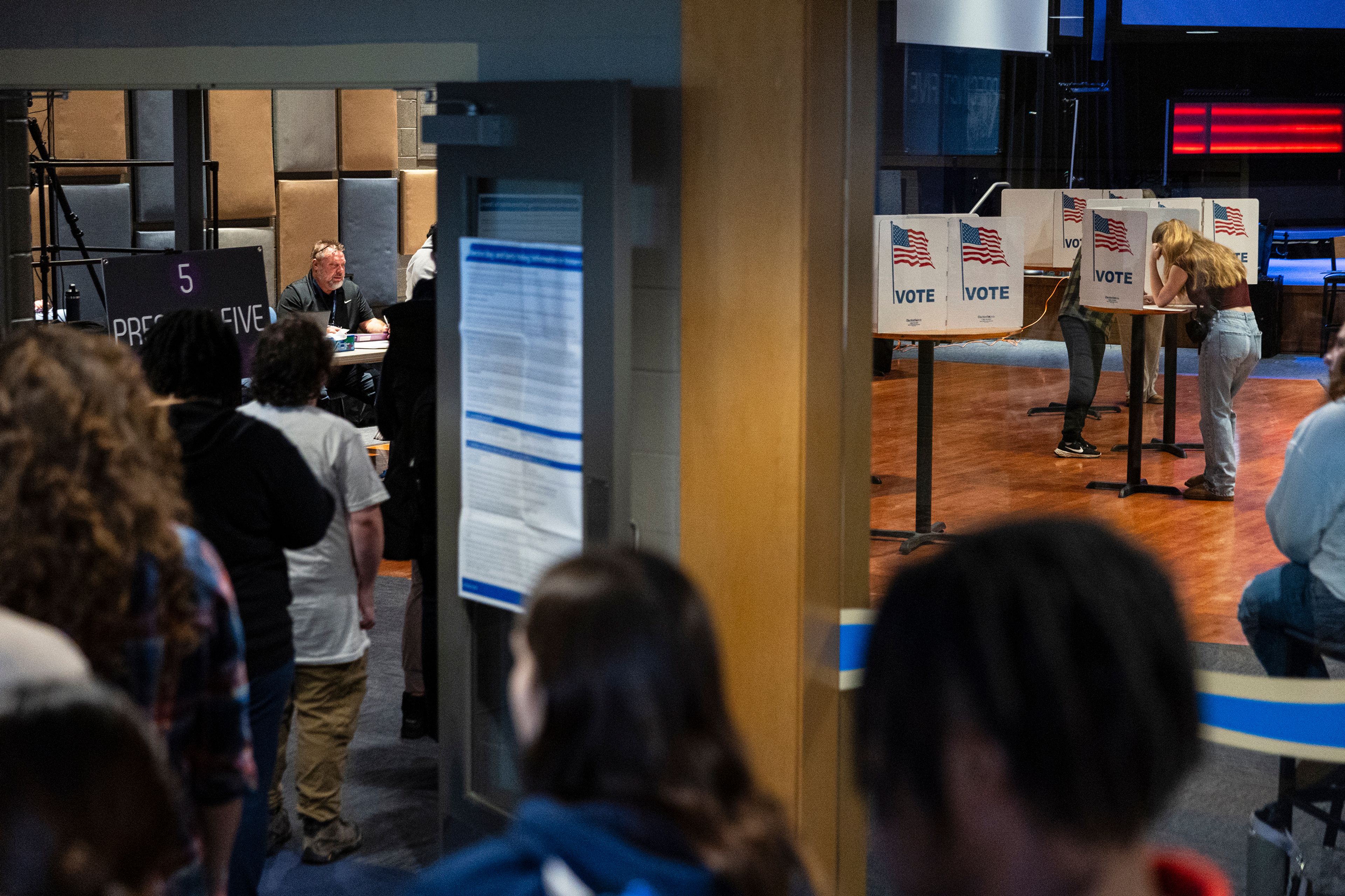 Voters wait in line to receive their ballots at Life Stream Church in Ottawa County, Mich. on Election Day, Tuesday, Nov. 5, 2024. (Joel Bissell /Kalamazoo Gazette via AP)