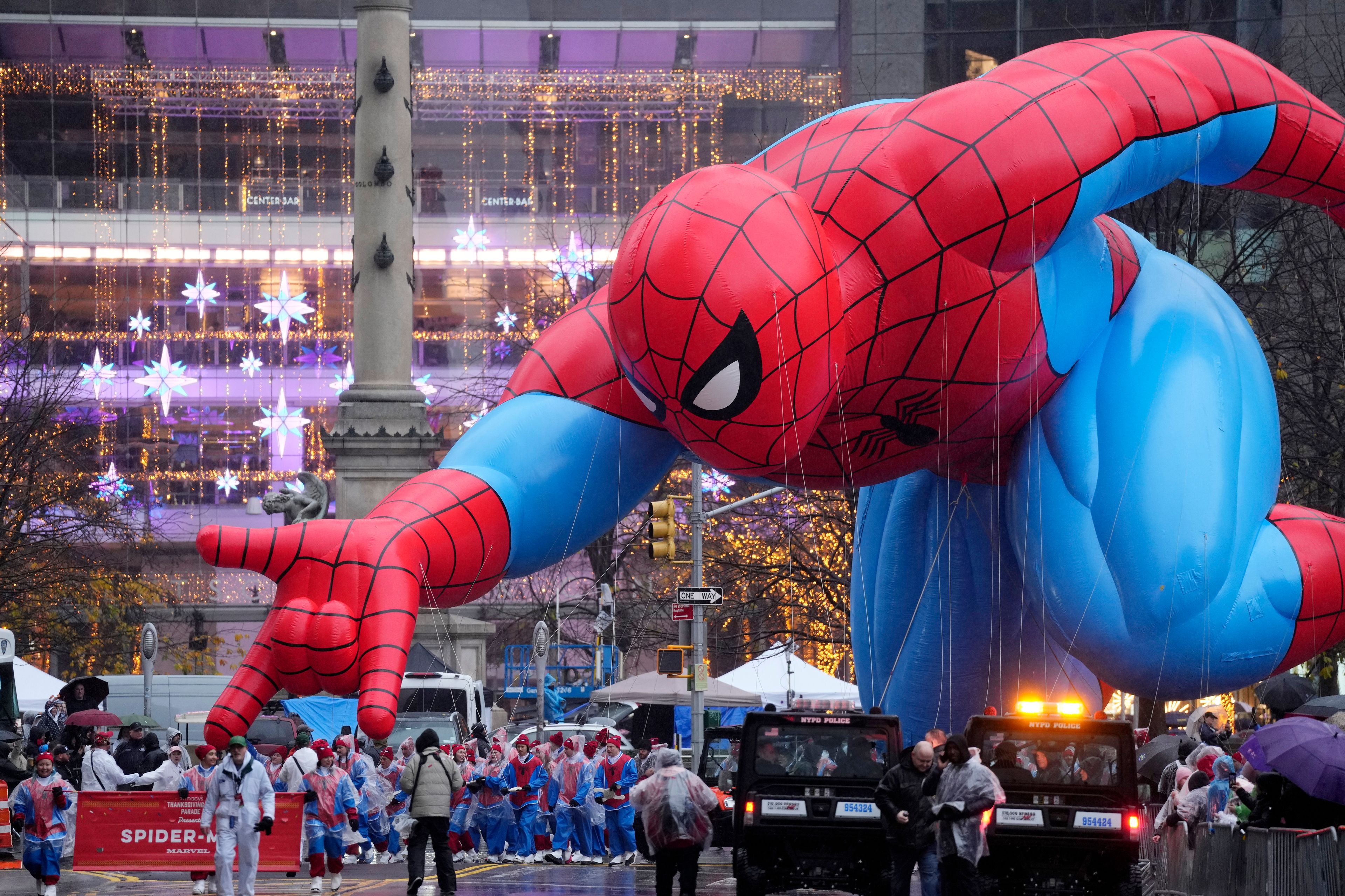 The Spider-Man balloon floats in the Macy's Thanksgiving Day Parade, Thursday, Nov. 28, 2024, in New York. (Photo by Charles Sykes/Invision/AP)