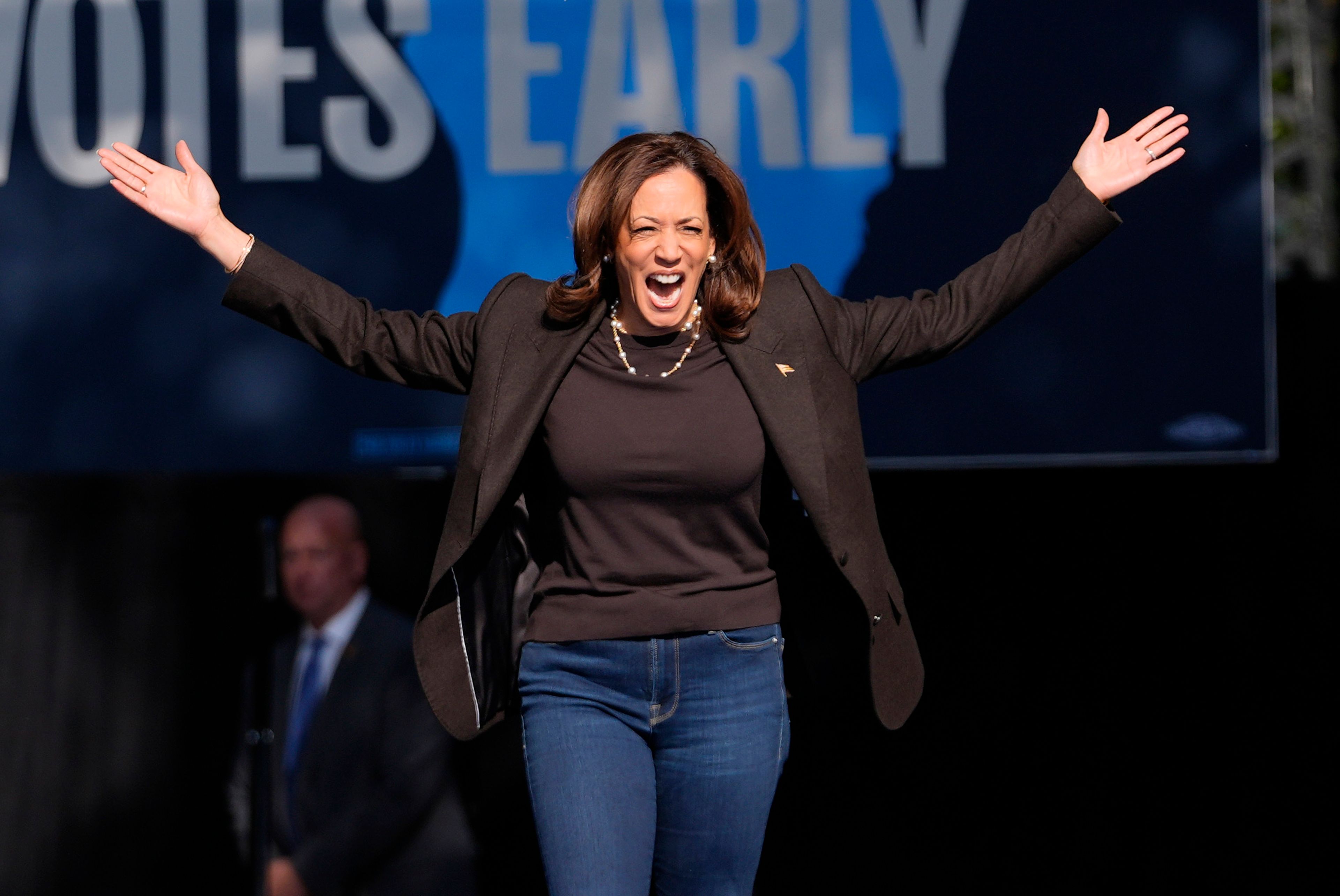 Democratic presidential nominee Vice President Kamala Harris arrives to speak at a campaign rally in Riverside Park, Friday, Oct. 18, 2024, in Grand Rapids, Mich. (AP Photo/Paul Sancya)