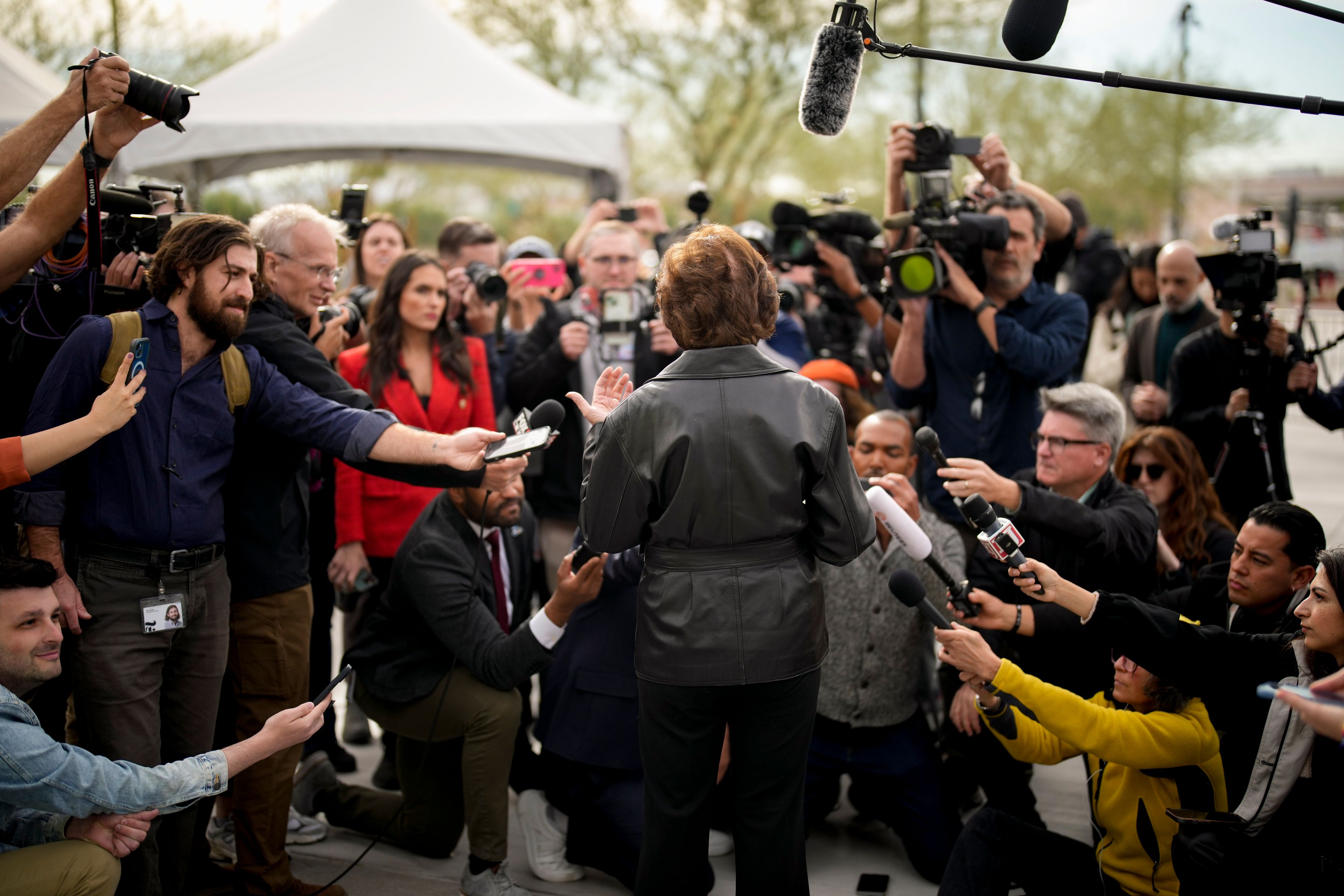 Senator Jacky Rosen, D-Nev., speaks to members of the media after voting at the Allegiant Stadium polling place, Tuesday, Nov. 5, 2024, in Las Vegas. (AP Photo/John Locher)