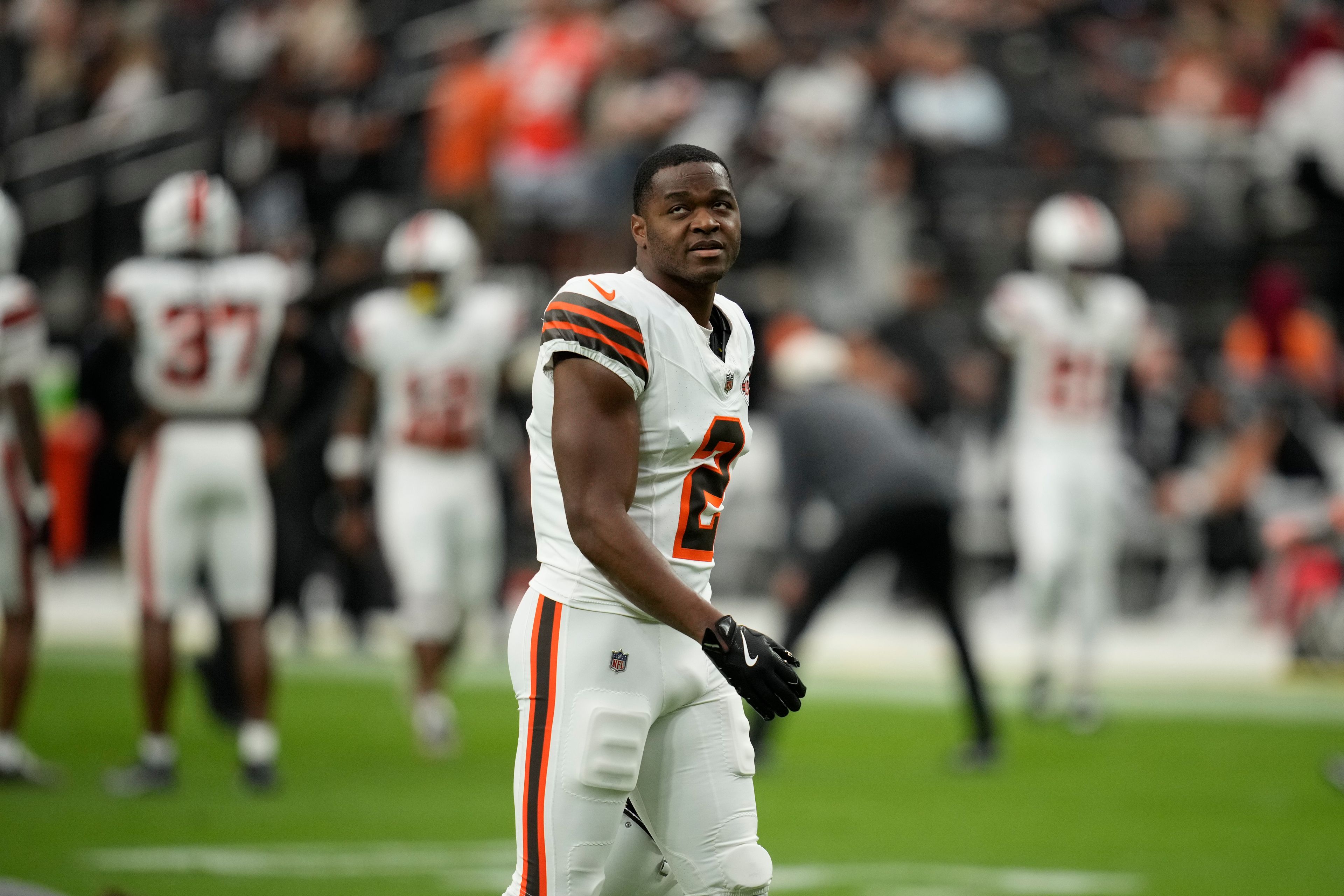 Cleveland Browns wide receiver Amari Cooper looks on before an NFL football game against the Las Vegas Raiders Sunday, Sept. 29, 2024, in Las Vegas. (AP Photo/John Locher)