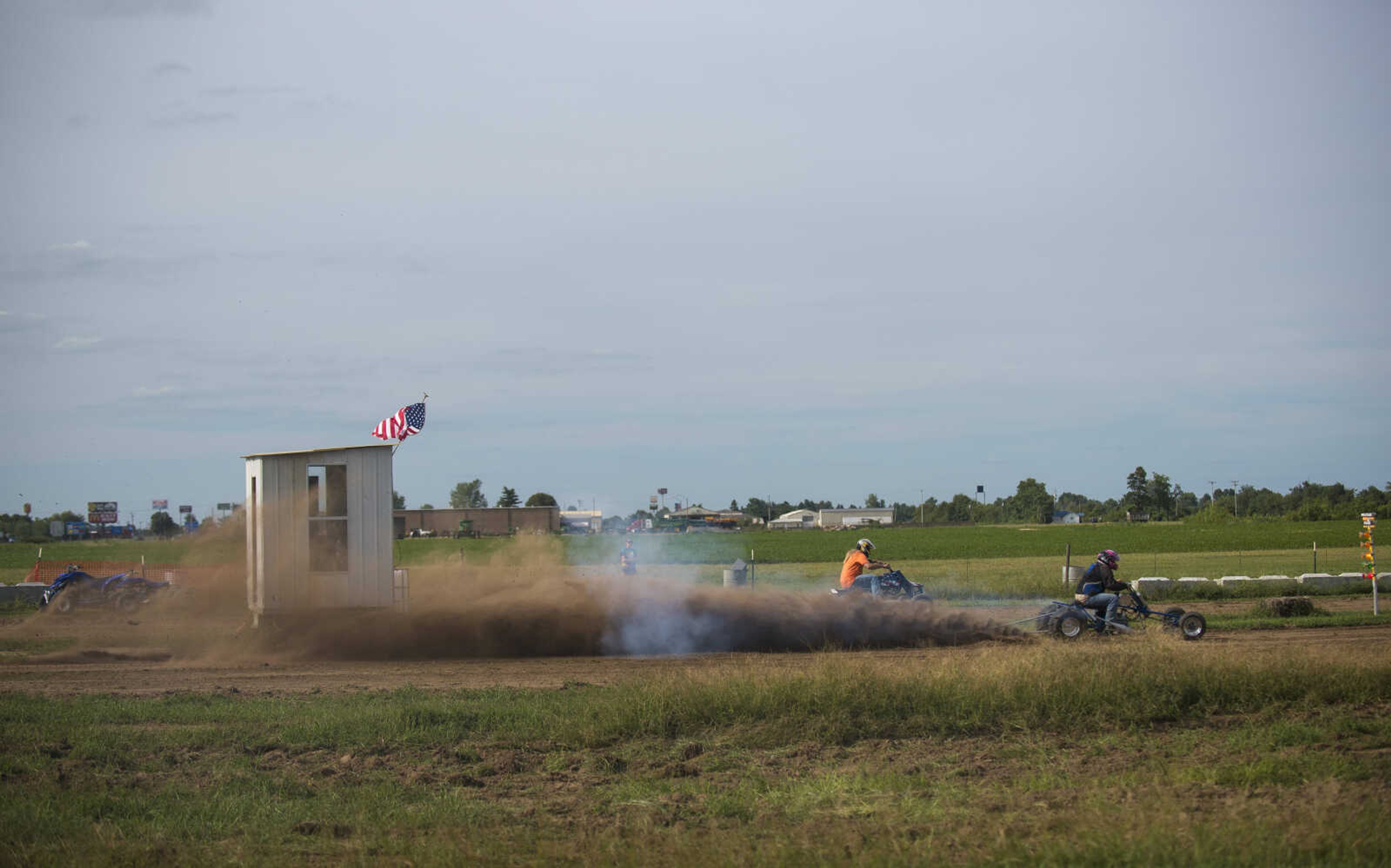 Racers take off during a trial run at the Missouri Dirt Motorsports Saturday, August 12, 2017 in Sikeston.