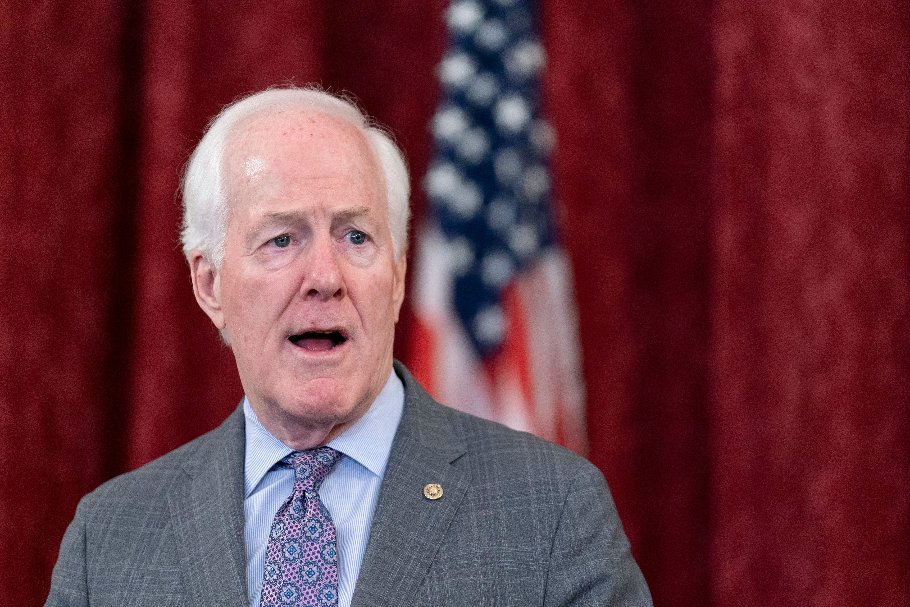 FILE - Sen. John Cornyn, R-Texas, speaks to media, Oct. 18, 2023, on Capitol Hill in Washington. (AP Photo/Stephanie Scarbrough, File)