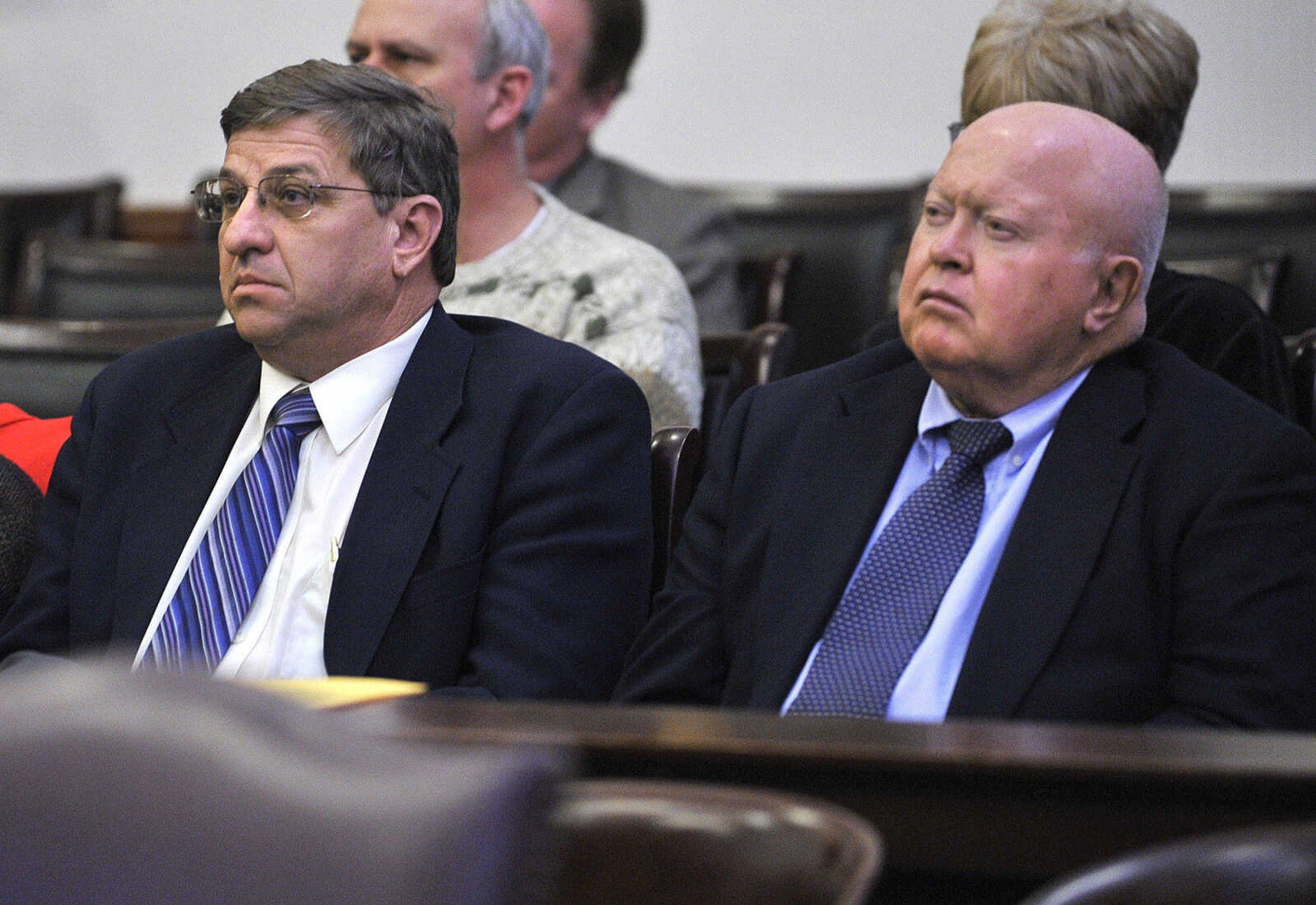 FRED LYNCH ~ flynch@semissourian.com
Cape Girardeau County Commissioner Paul Koeper, left, and  Presiding Commissioner Gerald Jones listen to oral arguments before the Missouri Supreme Court Wednesday in Jefferson City.