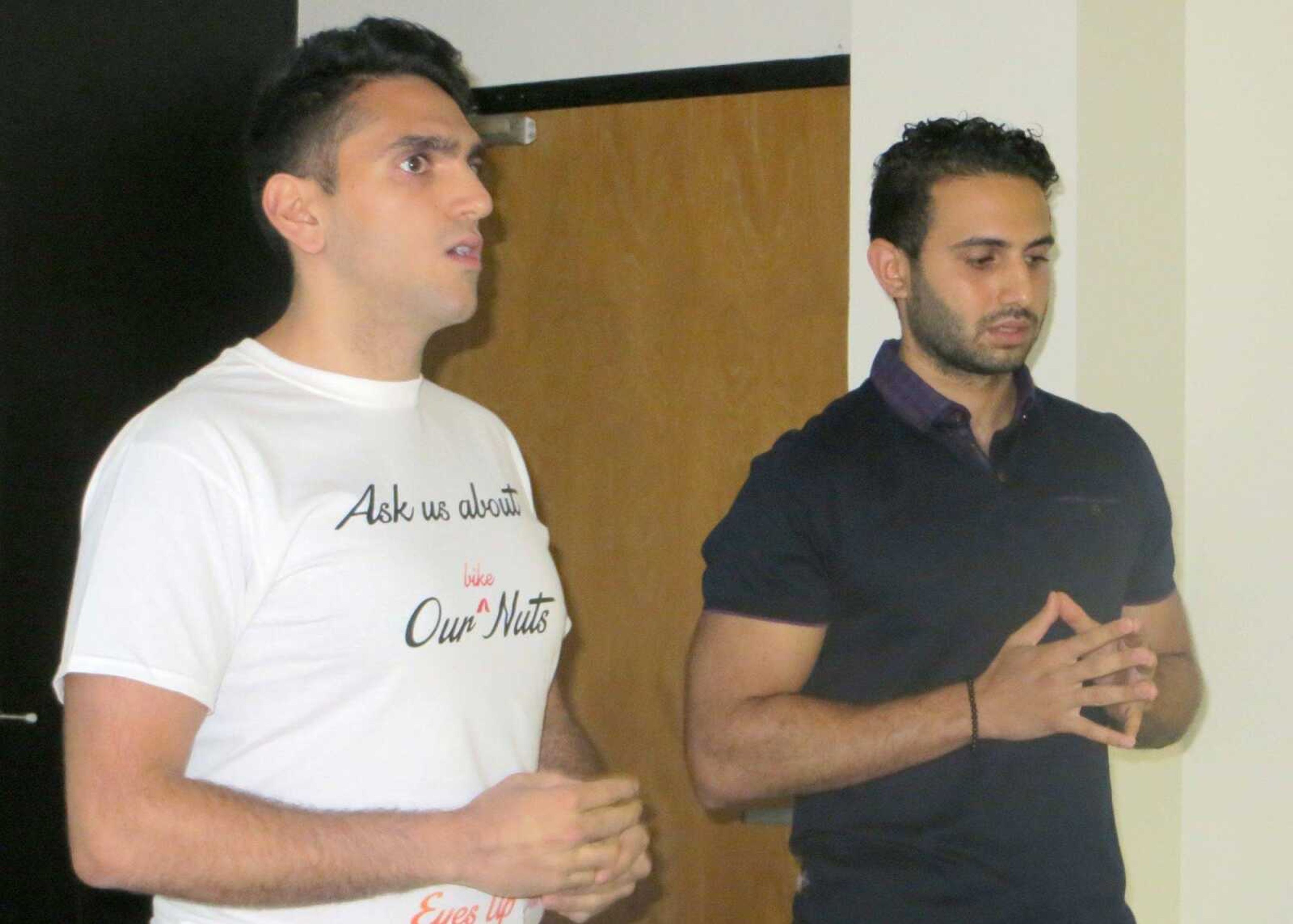 Mikey Ahdoot and Amir Atighehchi talk about their company, Nutlock, at Wednesday's 1 Million Cups event at Codefi in downtown Cape Girardeau. (By Lindsay Jones)