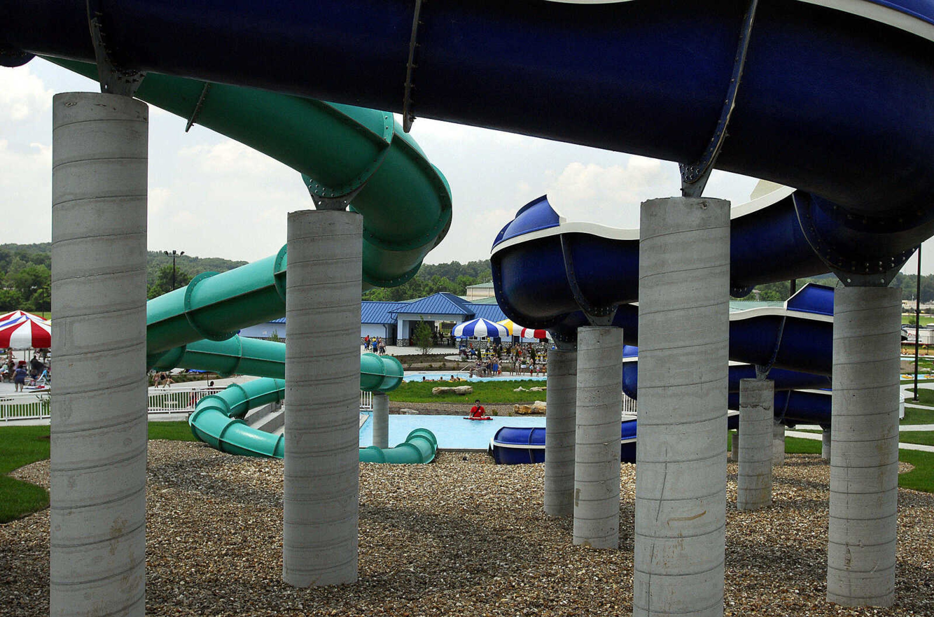 LAURA SIMON~lsimon@semissourian.com
A lifeguard keeps his post at the bottom of the 177 ft. open flume and 140 ft. enclosed flume Saturday, May 29, 2010 during the opening day of Cape Splash Family Auquatic Center.