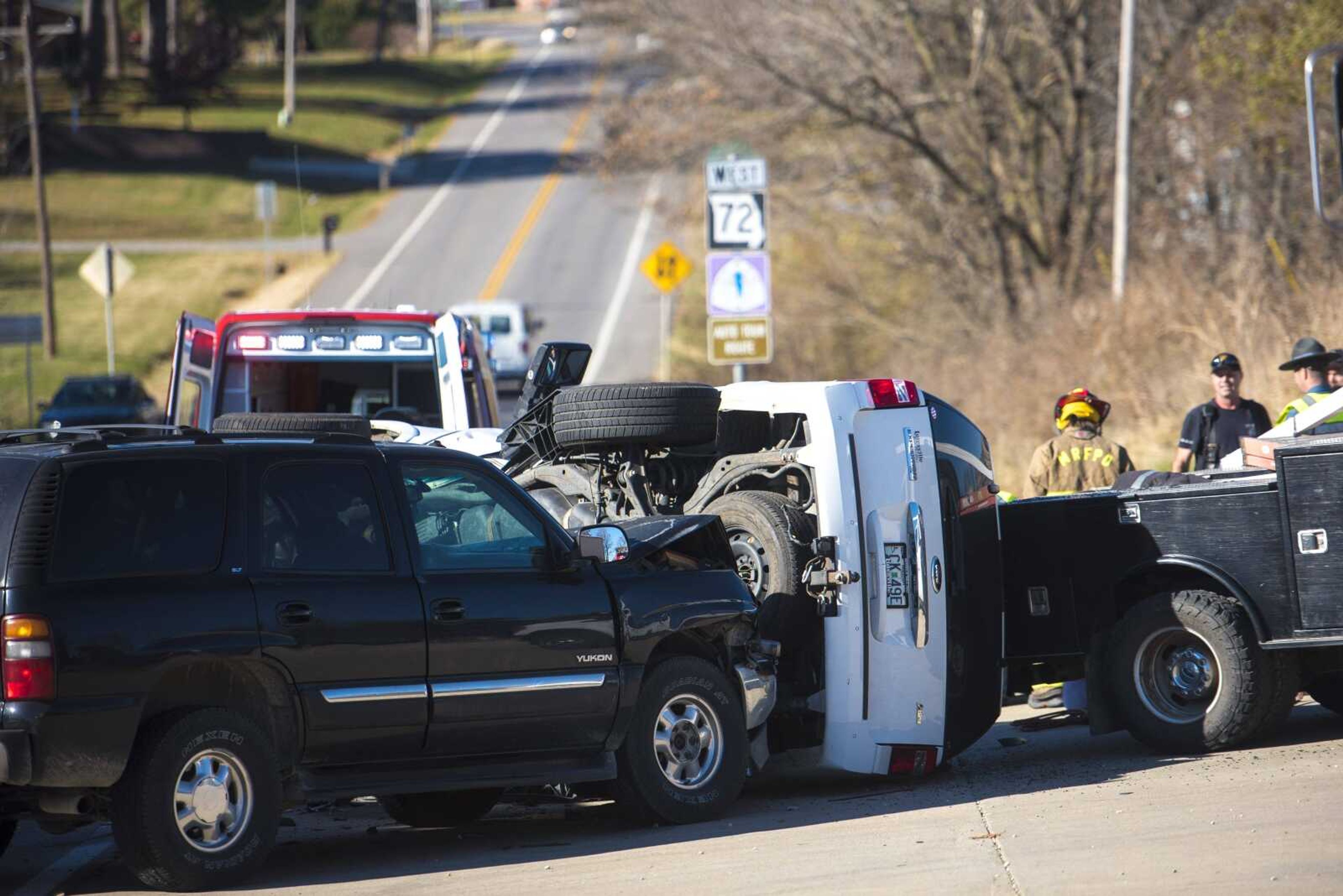 The Missouri State Highway Patrol and Jackson Fire Rescue respond to a two-vehicle rollover crash between a GMC Yukon and Ford Expedition near the intersection of highways 72 and 34 on Monday afternoon in Jackson. Two passengers from the Expedition were transported to Saint Francis Medical Center in Cape Girardeau.