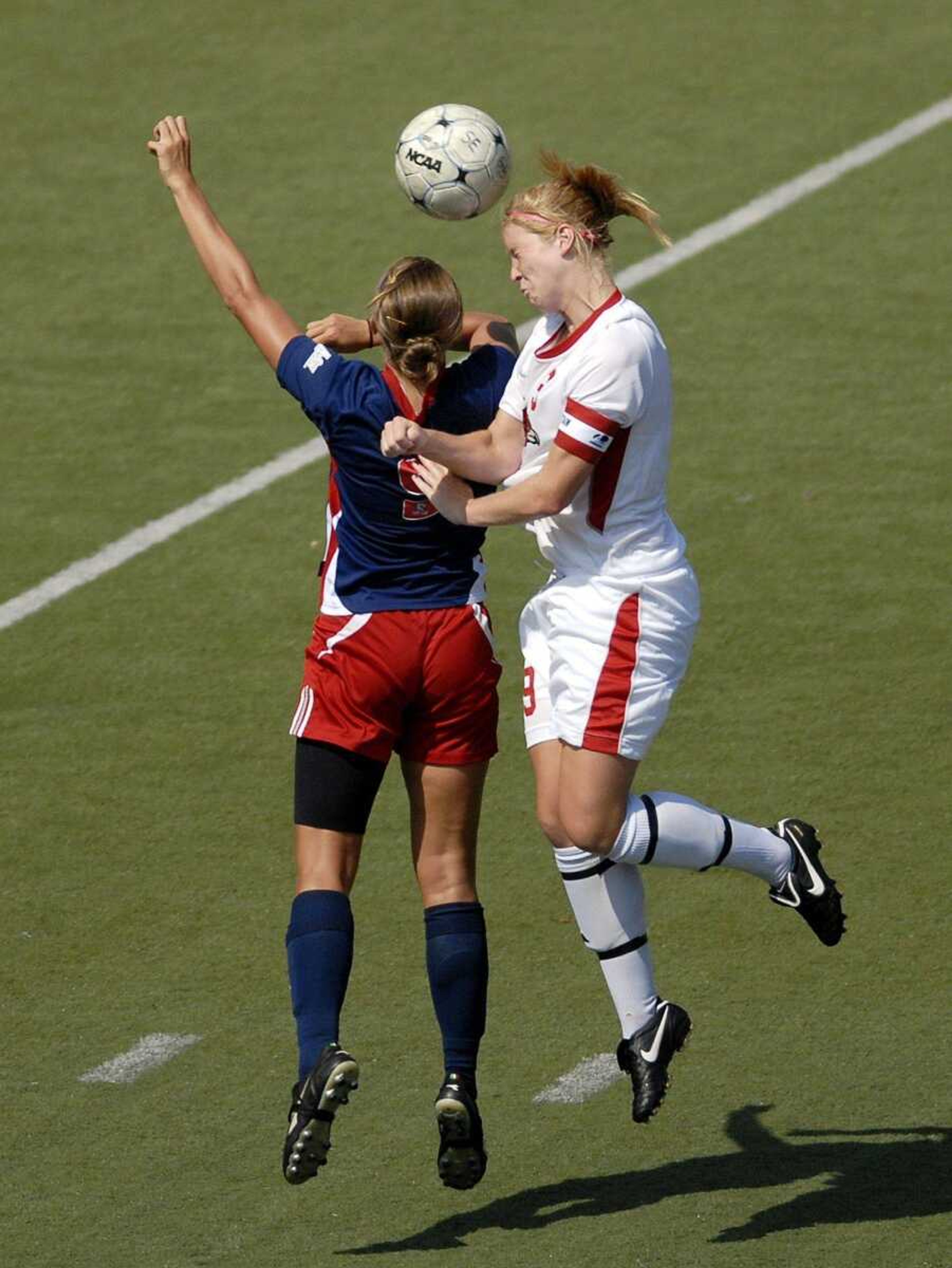 Southeast Missouri State's Shona Goodwin goes above Belmont's Emily Jones to head a ball during Sunday's game at Houck Stadium. (Laura Simon)