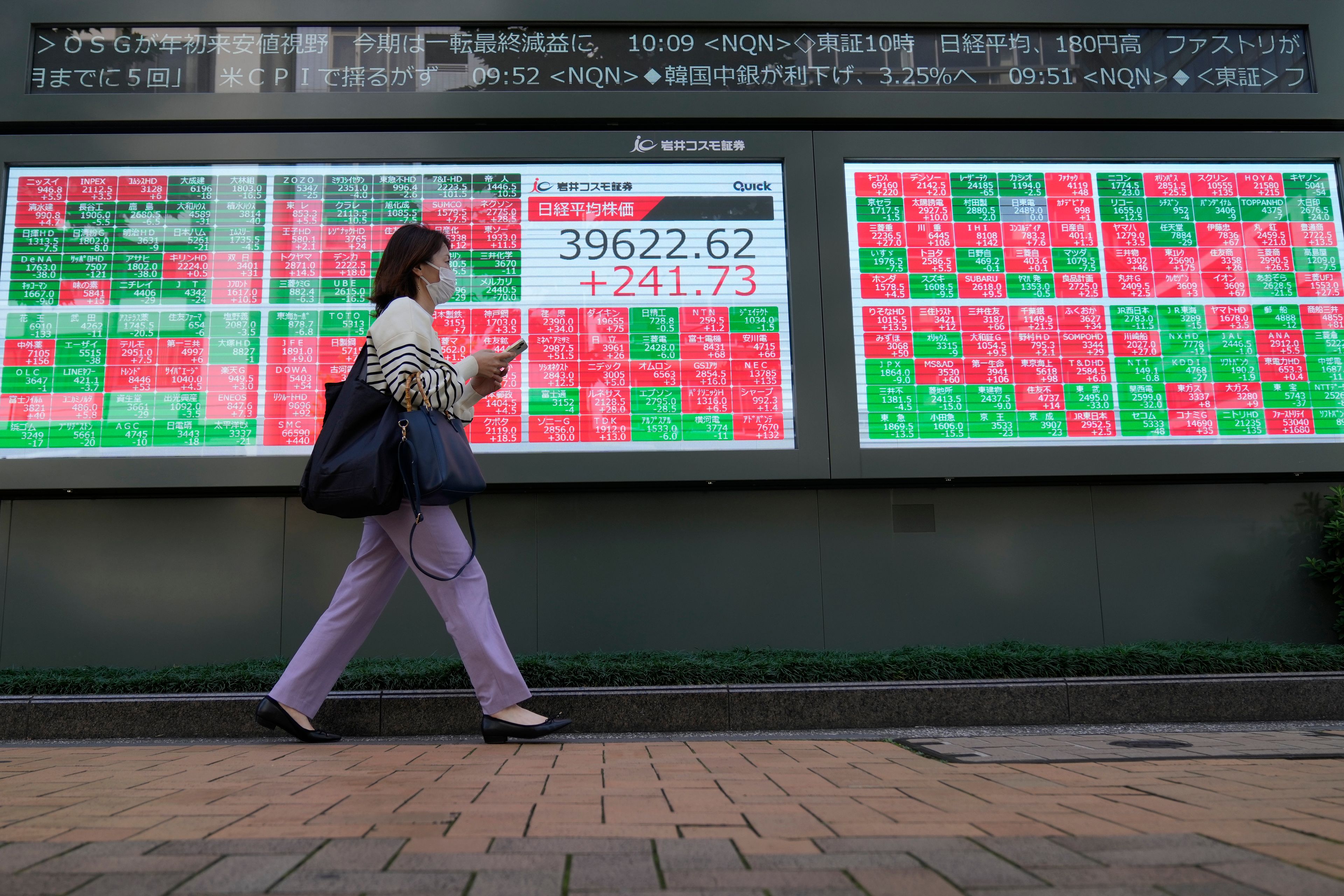 FILE -A passerby moves past an electronic stock board showing Japan's Nikkei 225 index and stock prices outside a securities building Friday, Oct. 11, 2024 in Tokyo. (AP Photo/Shuji Kajiyama, File)