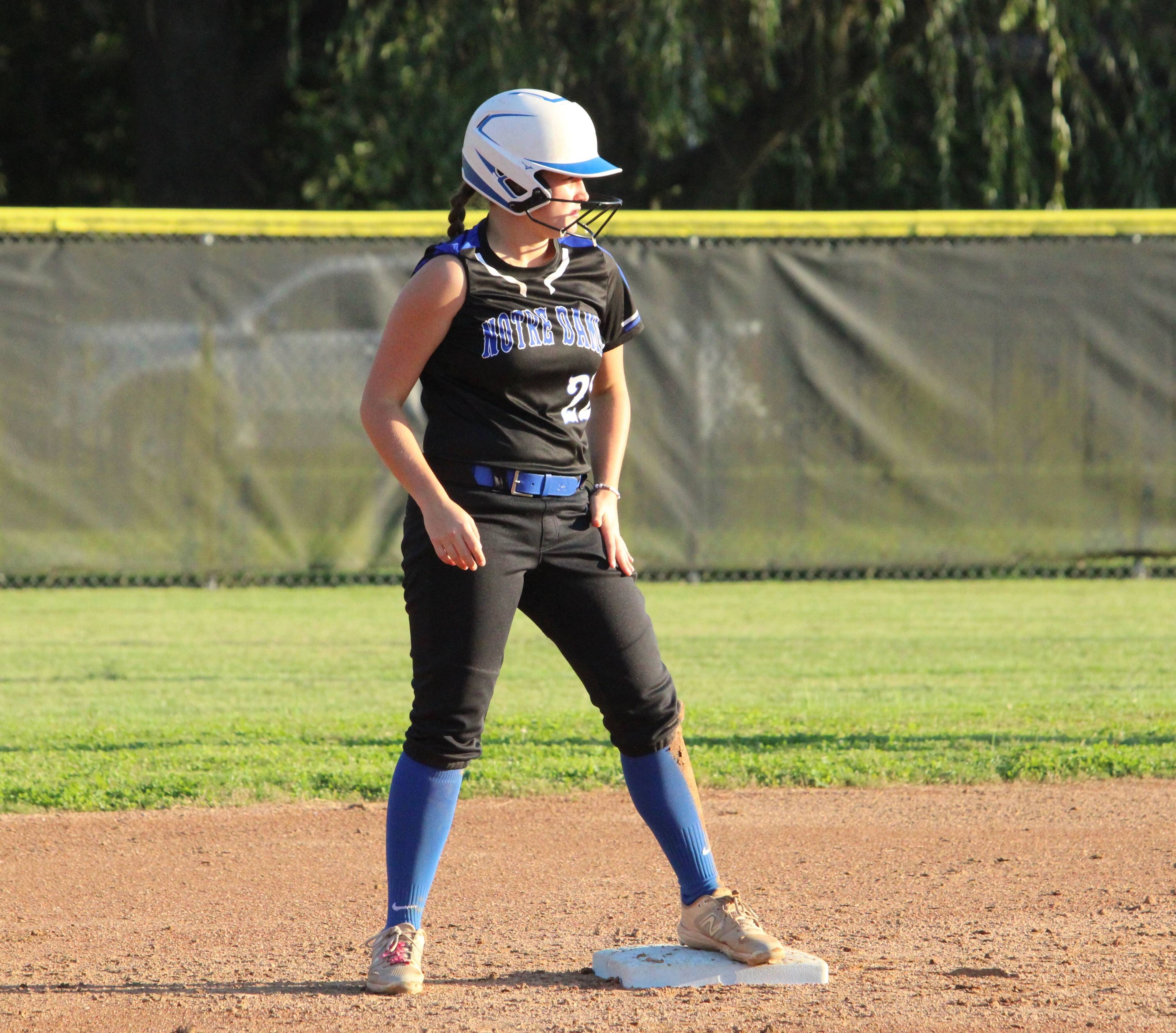 Notre Dame's Ava Miller stands on second base during the Thursday, September 26 game between the Bulldogs and Jackson at the Jackson City Park in Jackson, Mo. 