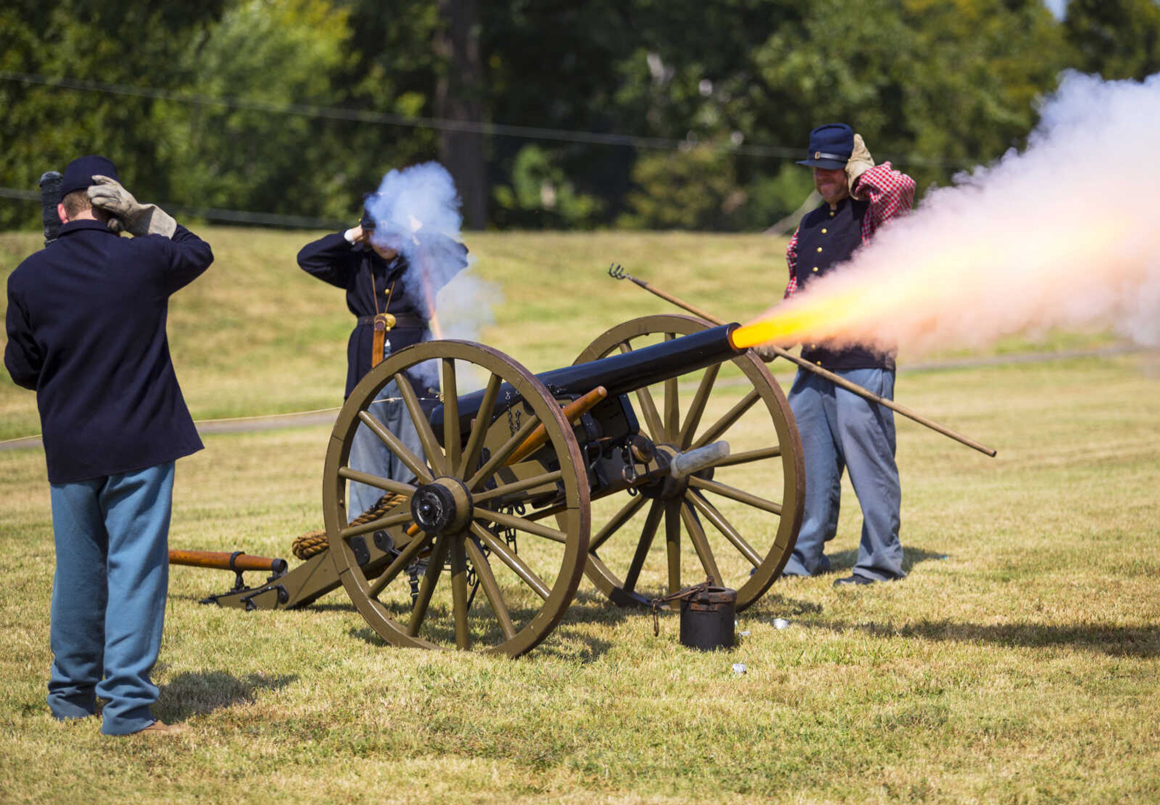 Civil War reenactors fire a salute with an ordnance rifle during a living history demonstration Sept. 4, 2017, at Fort D Historic Site in Cape Girardeau, Missouri.