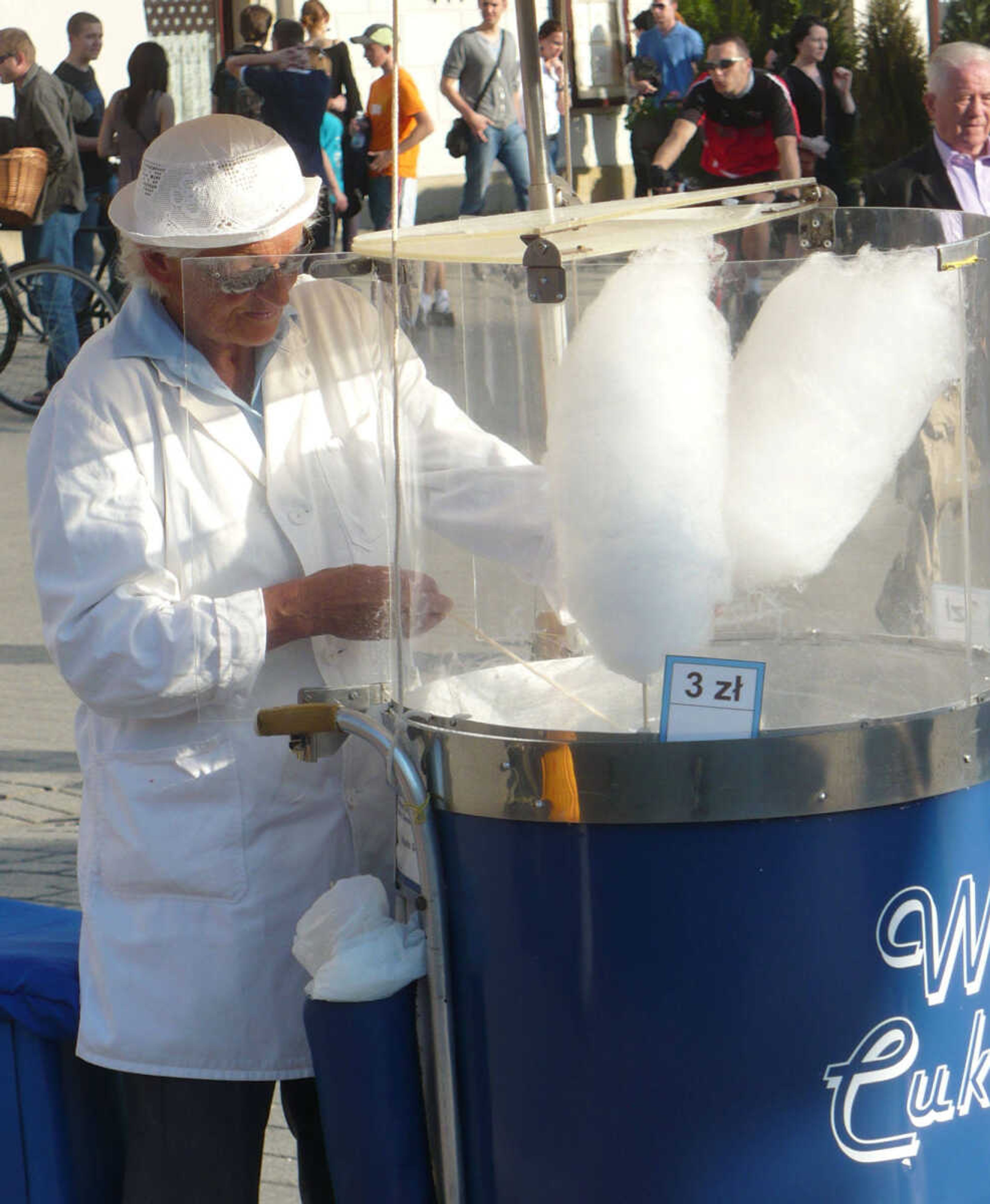 Cotton candy is a typical treat made by vendors on the streets of Krakow, Poland.