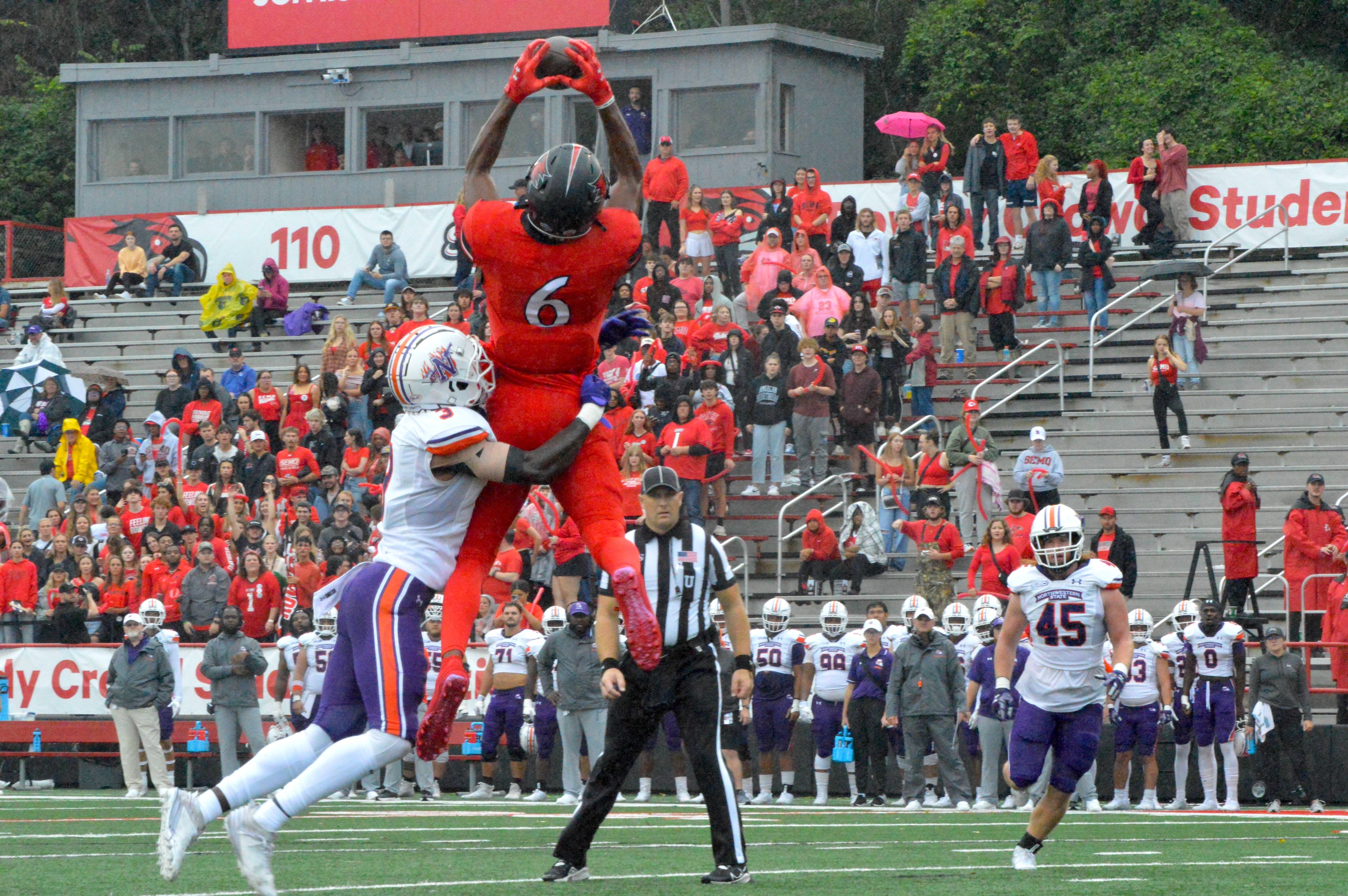 SEMO wide receiver Dorian Anderson high-points the football against the Northwestern State cornerback on Saturday, Sept. 28. Anderson caught five passes for 39 yards in the game. 