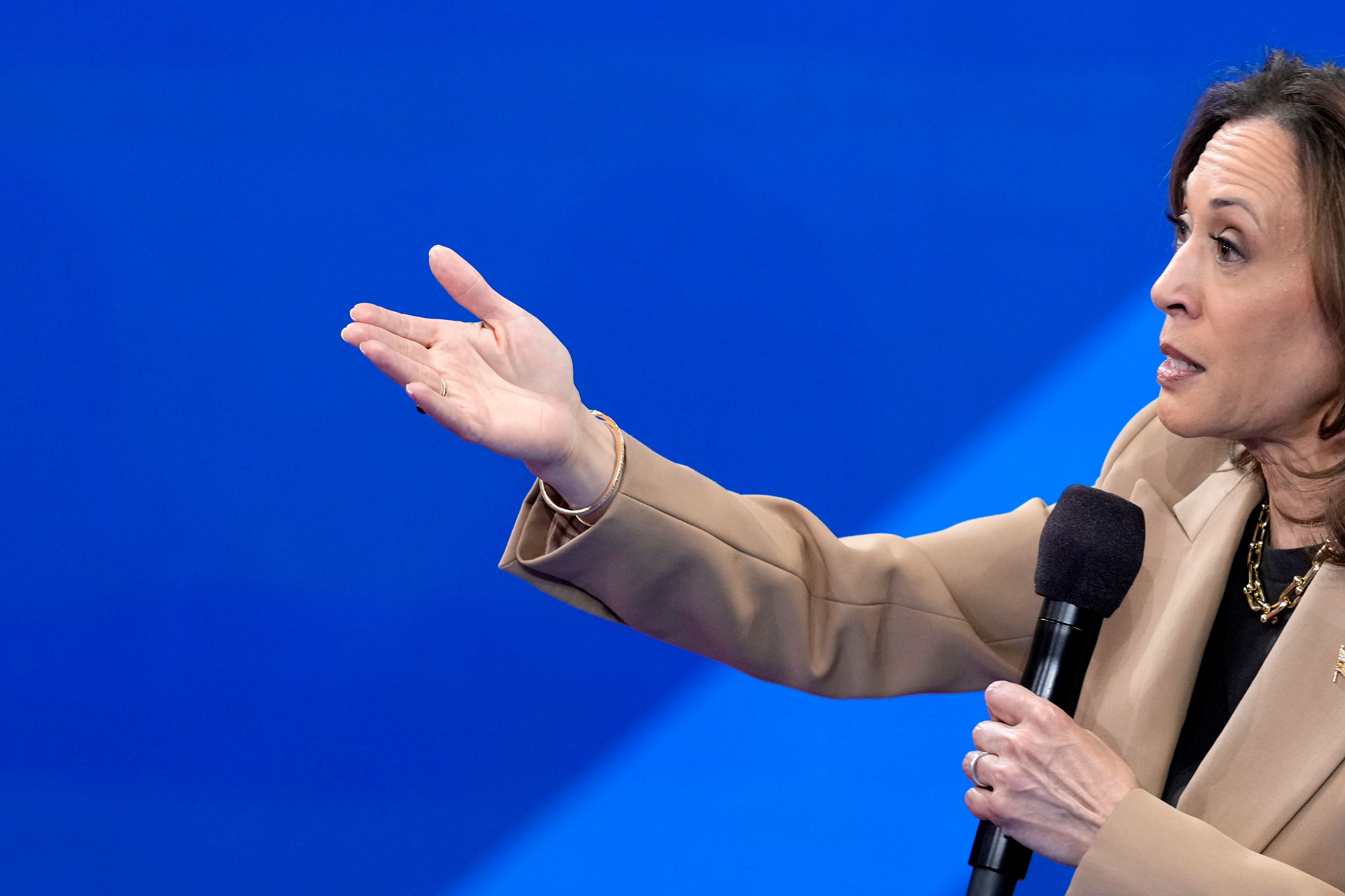 Democratic presidential nominee Vice President Kamala Harris speaks during a Town Hall event hosted by Univision, Thursday, Oct. 10, 2024, at the University of Nevada Las Vegas. (AP Photo/Jacquelyn Martin)