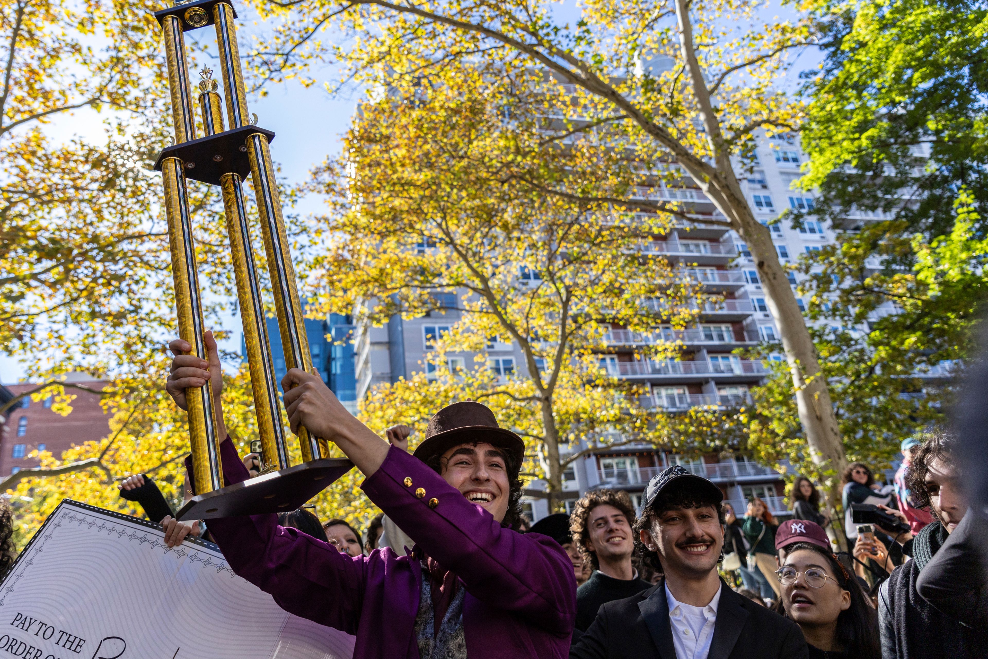 CORRECTS LAST NAME TO MITCHELL FROM MITCHEL - Miles Mitchell, 21, winner of the Timothee Chalamet lookalike contest held near Washington Square Park, Sunday, Oct. 27, 2024, in New York. (AP Photo/Stefan Jeremiah)