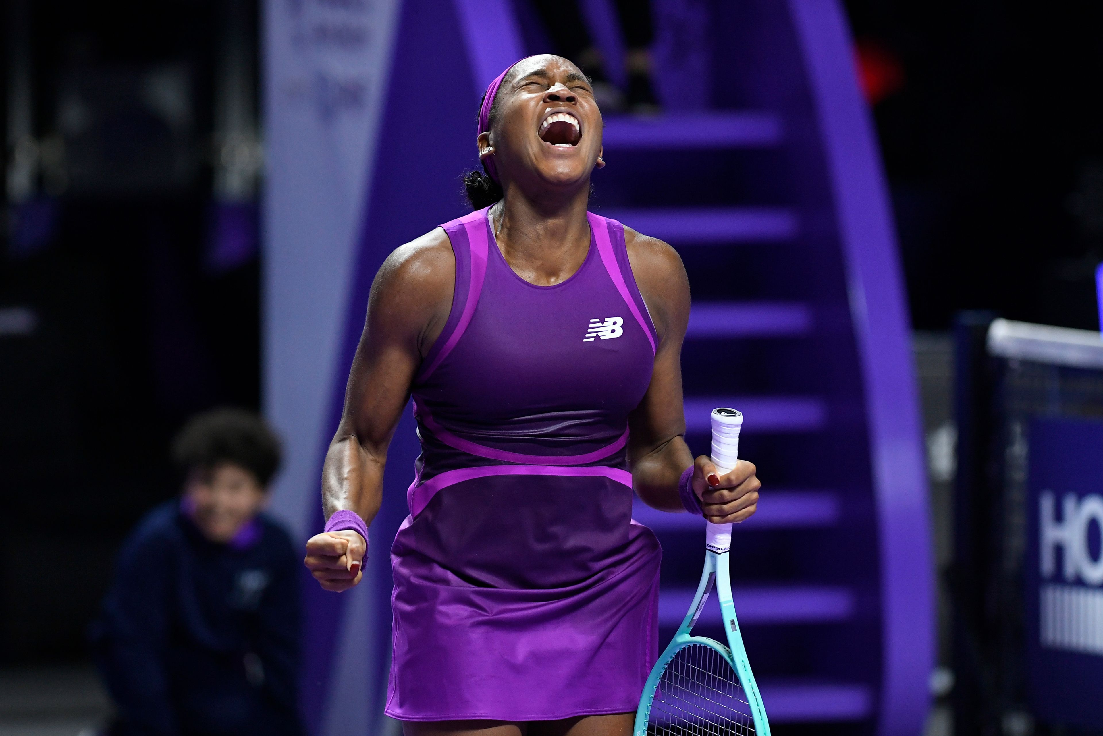 Coco Gauff of the U.S. reacts after winning against China's Qinwen Zheng in their women's singles final match of the WTA finals at the King Saud University Indoor Arena, in Riyadh, Saudi Arabia, Saturday, Nov. 9, 2024. (AP Photo)