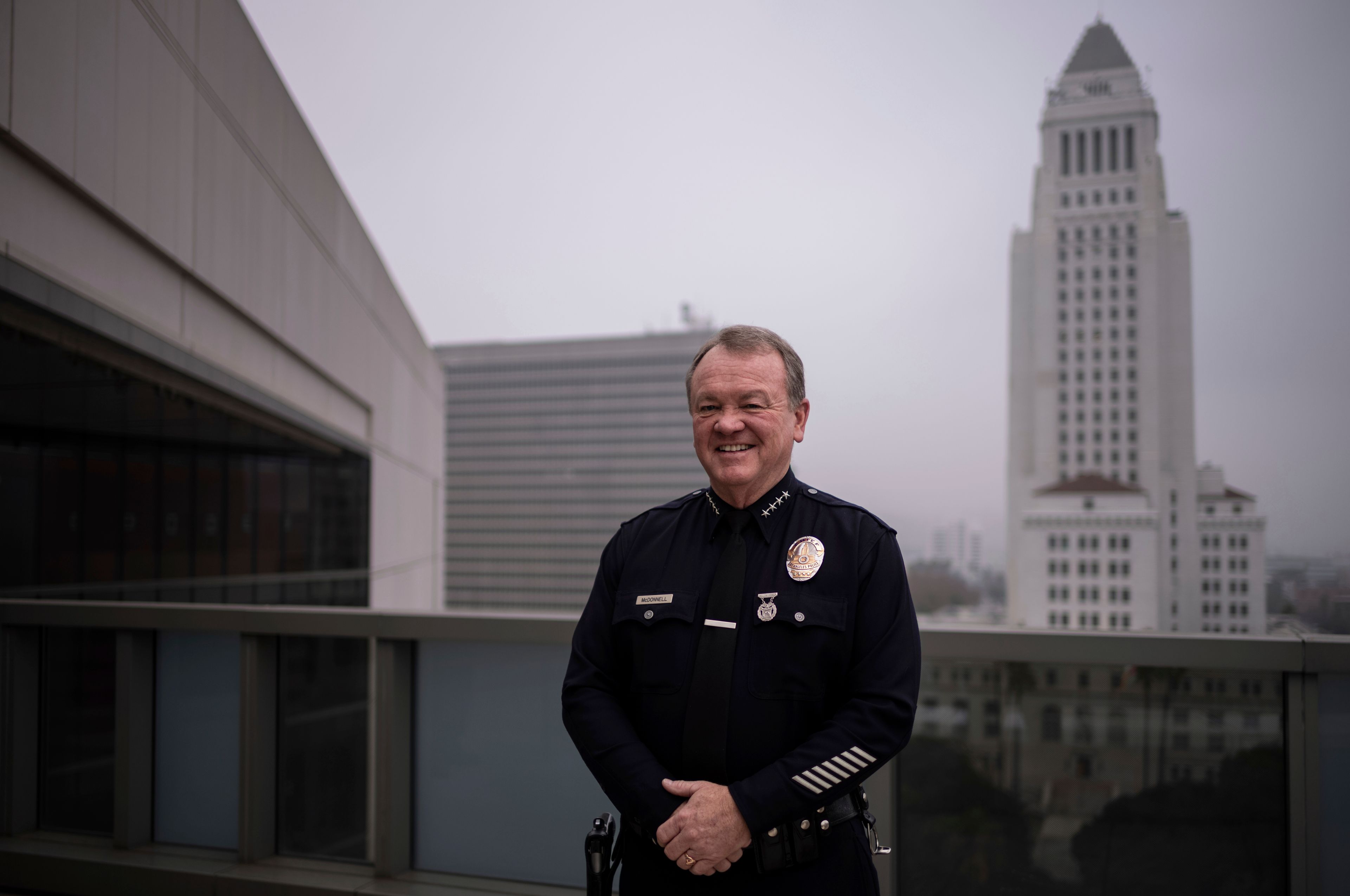 Los Angeles Police Department Chief Jim McDonnell stands for a photo after an interview with The Associated Press in Los Angeles, Wednesday, Dec. 4, 2024. (AP Photo/Jae C. Hong)