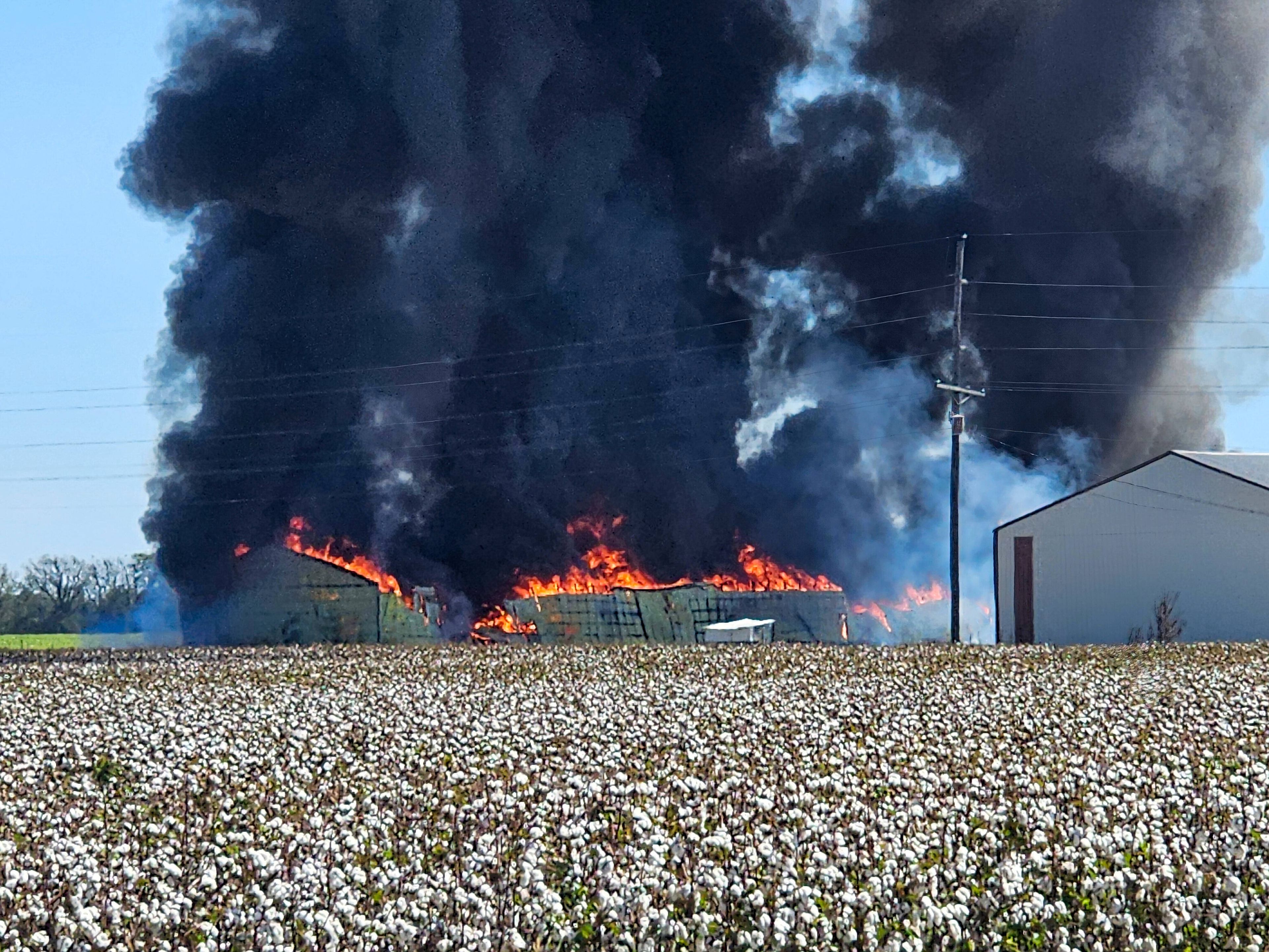 An unoccupied warehouse ion fire along U.S.. 61 on Thursday, Oct. 3, south of Sikeston in New Madrid County.