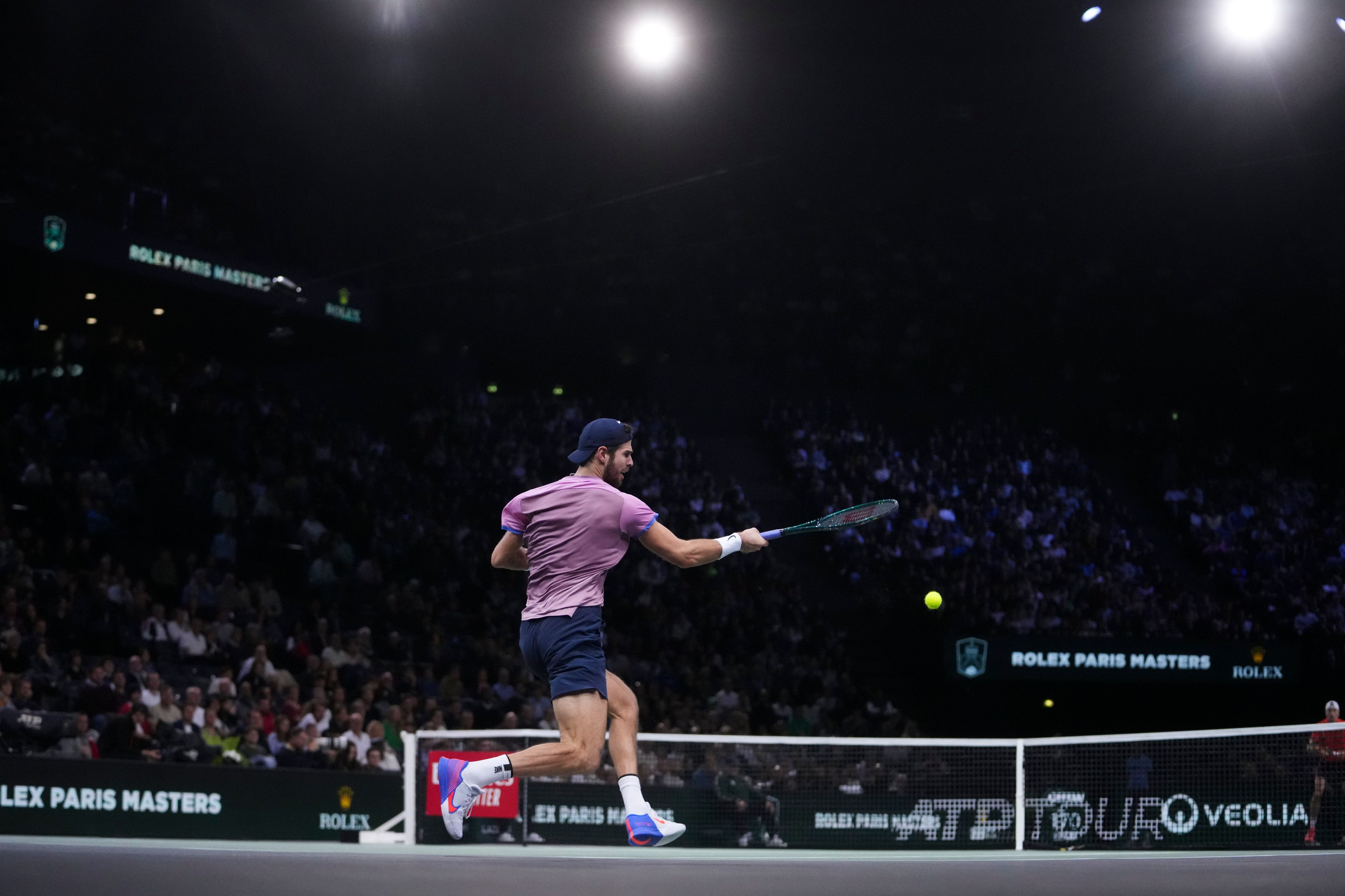 Russia's Karen Kachanov returns to France's Ugo Humbert during the semifinal match of the Paris Masters tennis tournament at the Accor Arena on Saturday, Nov. 2, 2024, in Paris. (AP Photo/Thibault Camus)