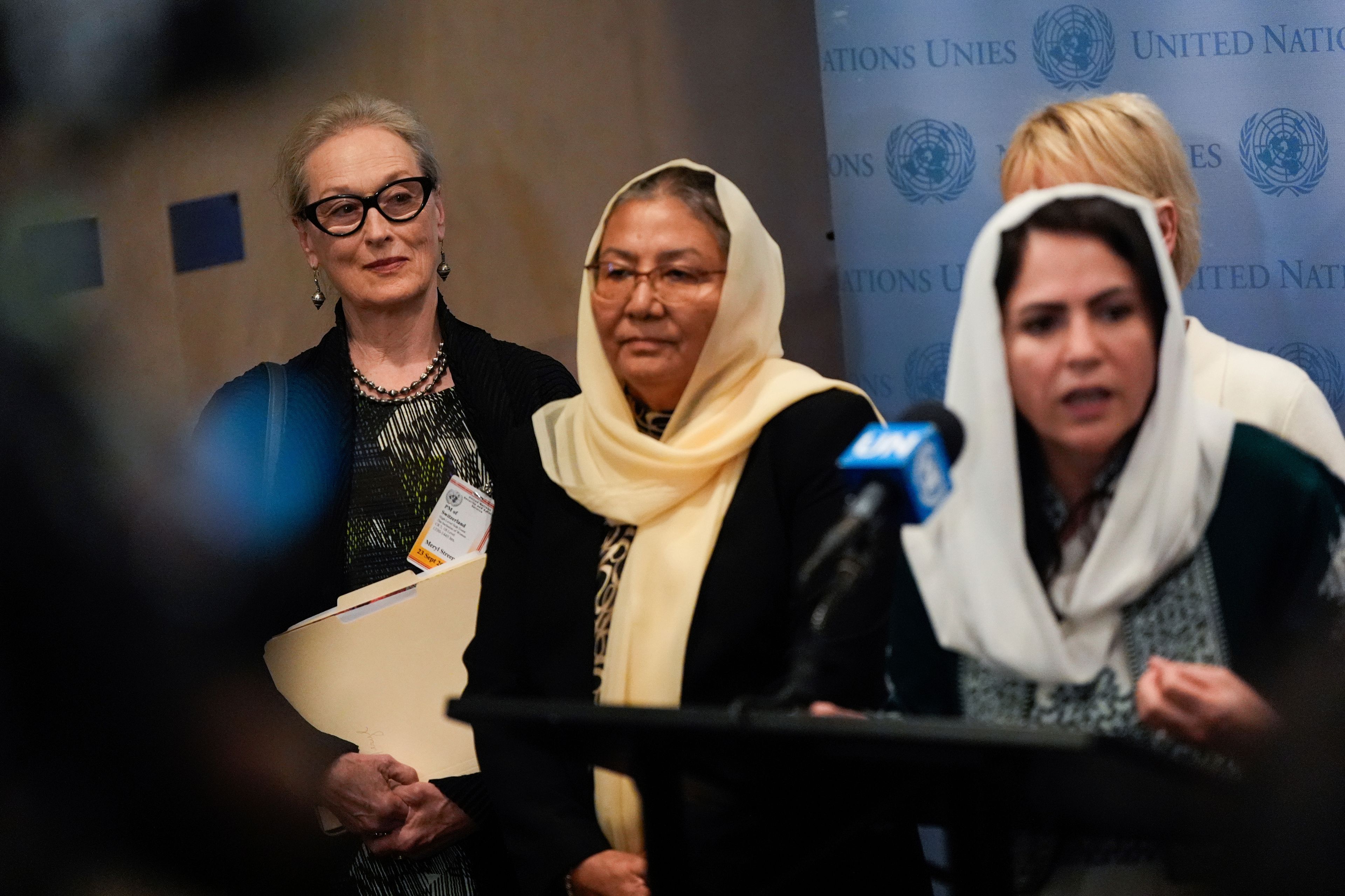 Meryl Streep, left, attends a press conference following an event on "The Inclusion of Women in the Future of Afghanistan," Monday, Sept. 23, 2024, at the United Nations headquarters. (AP Photo/Julia Demaree Nikhinson)