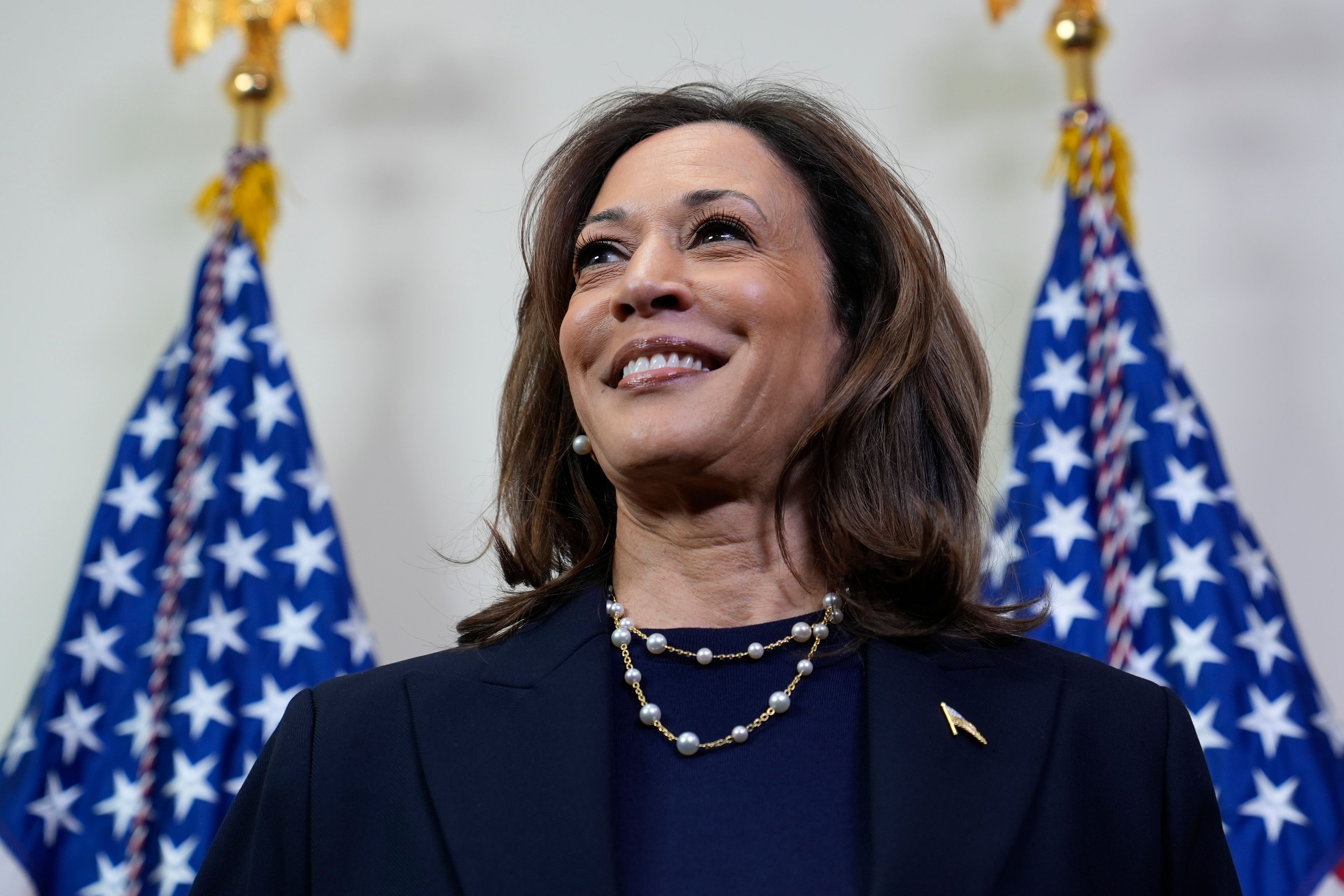 Democratic presidential nominee Vice President Kamala Harris speaks with reporters after attending a service at the Church of Christian Compassion, Sunday, Oct. 27, 2024, in Philadelphia. (AP Photo/Susan Walsh)