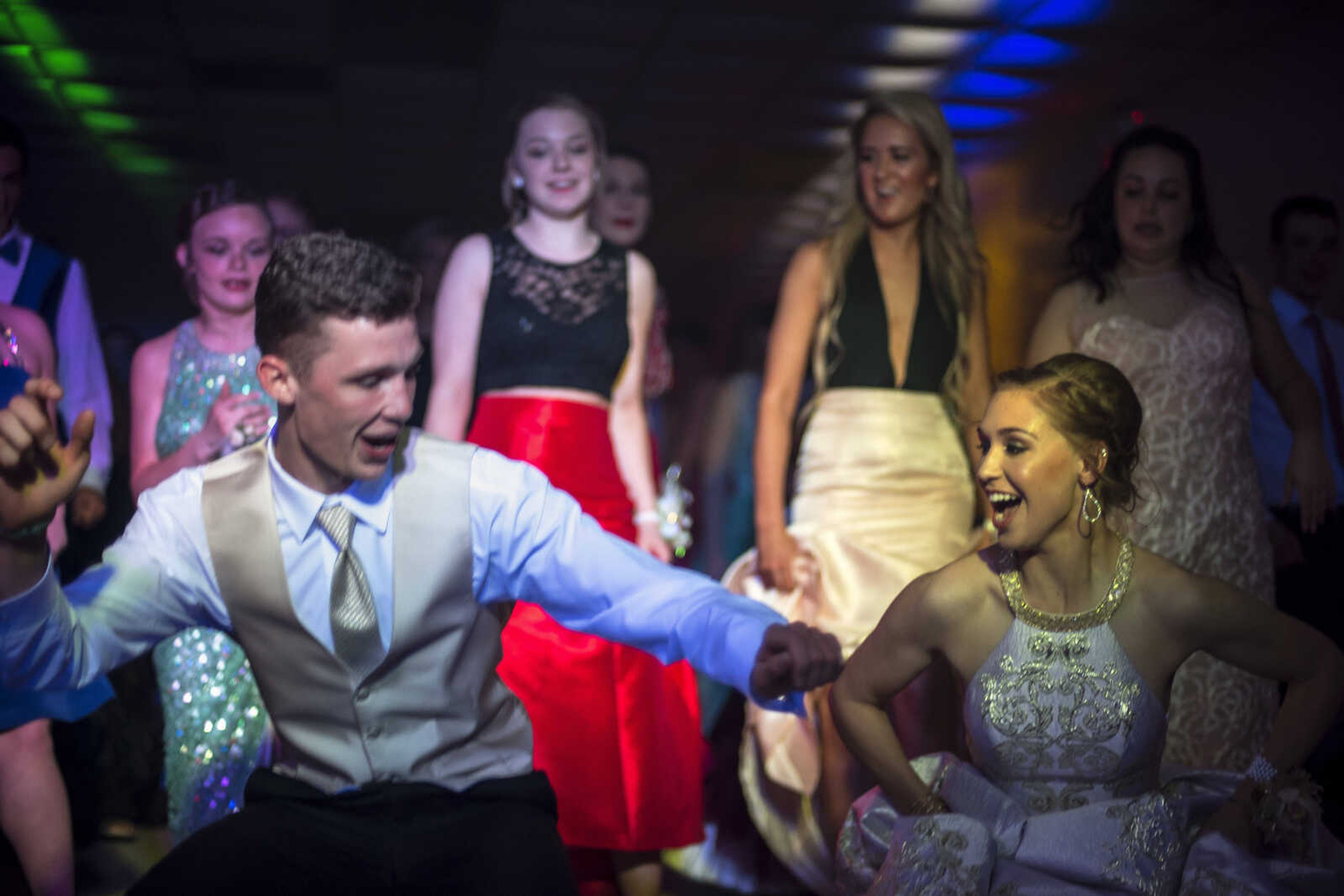 Taylor Seyer, right, smiles as she and her boyfriend Joseph Baer dance the Cupid Shuffle during the Oak Ridge Prom Saturday, April 13, 2019, at the Jackson Elks Lodge in Jackson. Seyer said she was excited to attend prom since, as a senior, it would be her last dance.
"I've been with these guys since kindergarten," she said of the small Oak Ridge student body. "So they're like family to me."