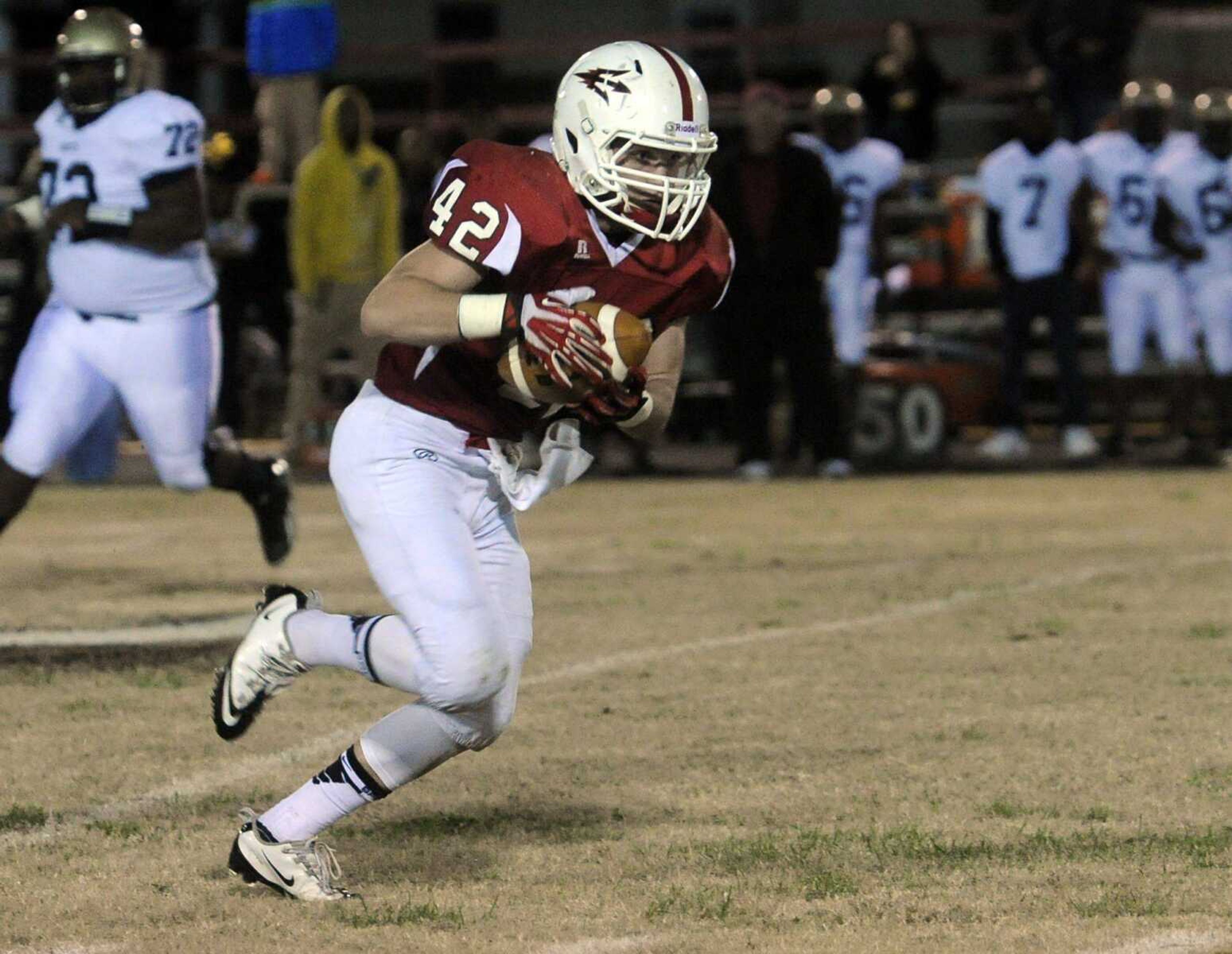 Chaffee's Devon Yahn intercepts a Hayti pass during the first quarter of the Class 1 District 1 first round game Friday, Nov. 1, 2013 in Chaffee, Mo. (Fred Lynch)