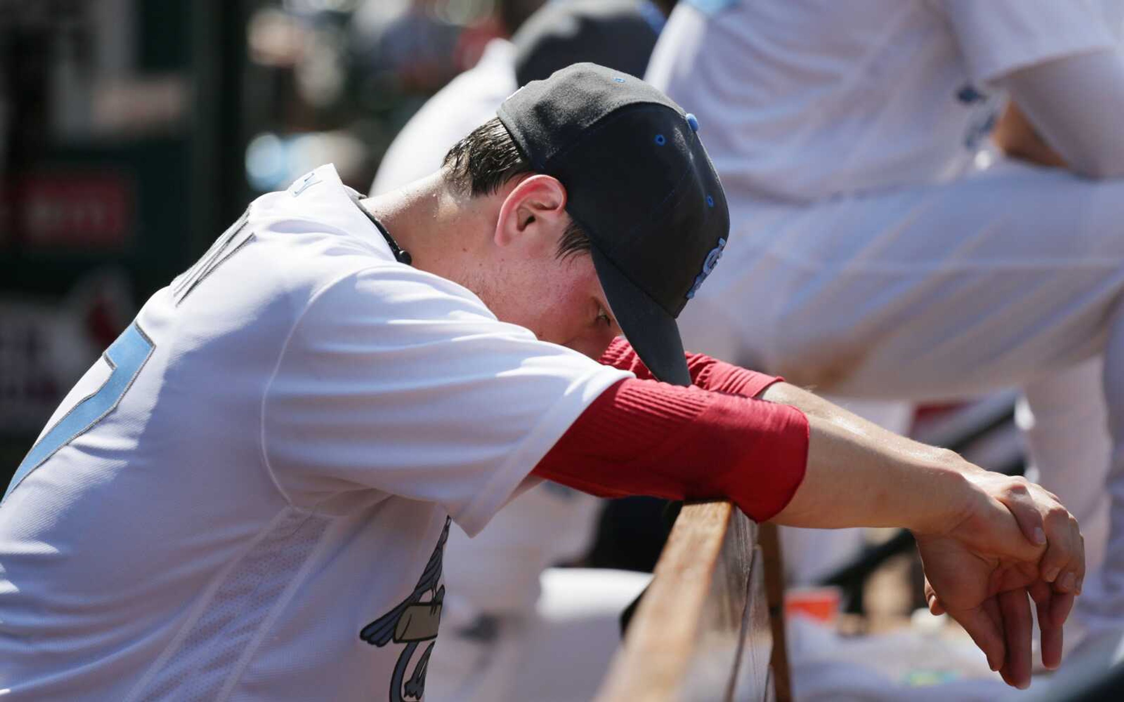 St. Louis Cardinals relief pitcher Matt Bowman sits in the dugout after he allowed two runs in the top of the eighth inning during a baseball game between the St. Louis Cardinals and the Texas Rangers on Sunday,  June 19, 2016, at Busch Stadium in St. Louis. (Chris Lee/St. Louis Post-Dispatch via AP) EDWARDSVILLE INTELLIGENCER OUT, THE ALTON TELEGRAPH OUT