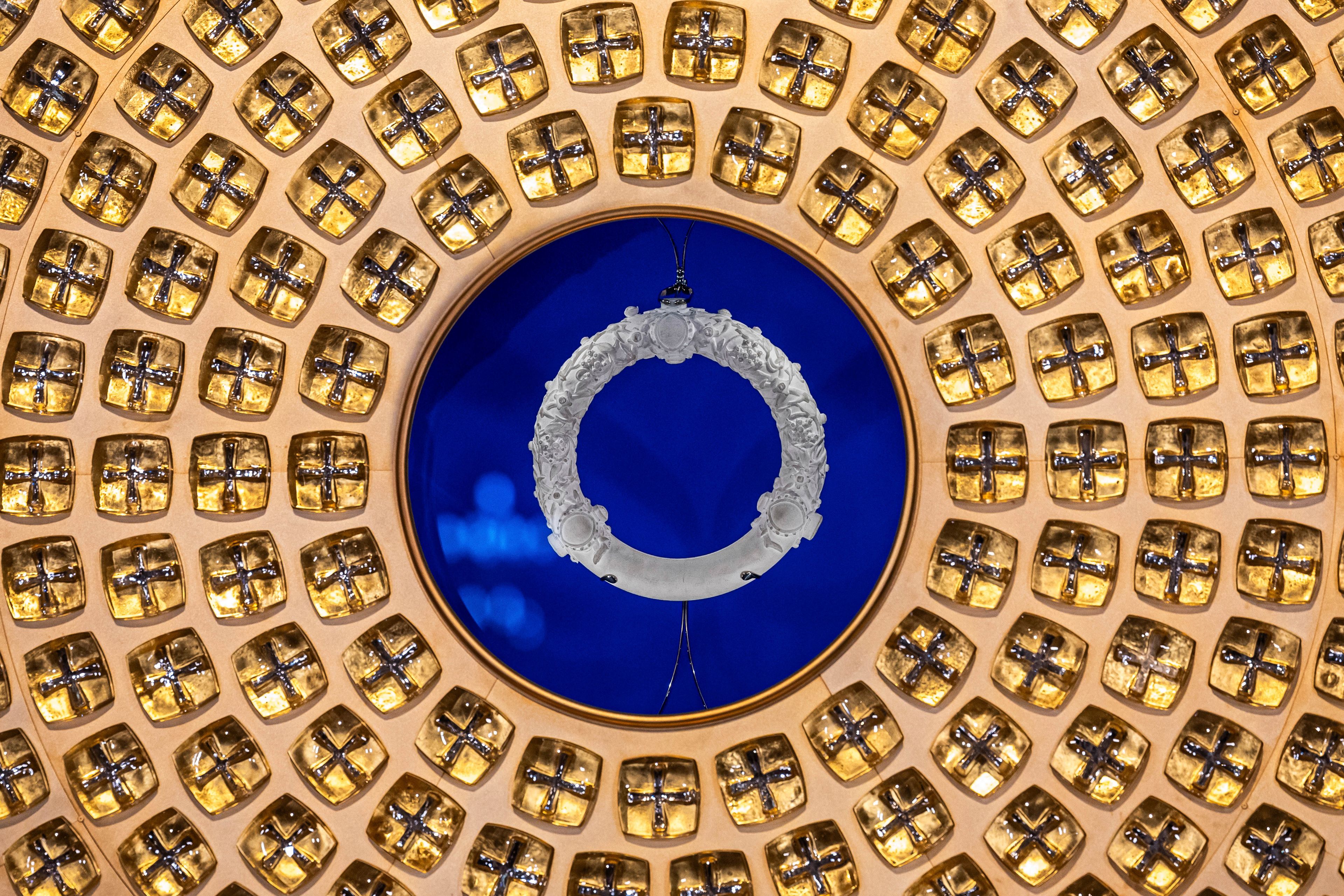 The reliquary of the Crown of Thorns, designed by French Artist Sylvain Dubuisson, is seen in the Notre-Dame de Paris cathedral, Friday, Nov. 29, 2024 in Paris. (Christophe Petit Tesson/Pool via AP)