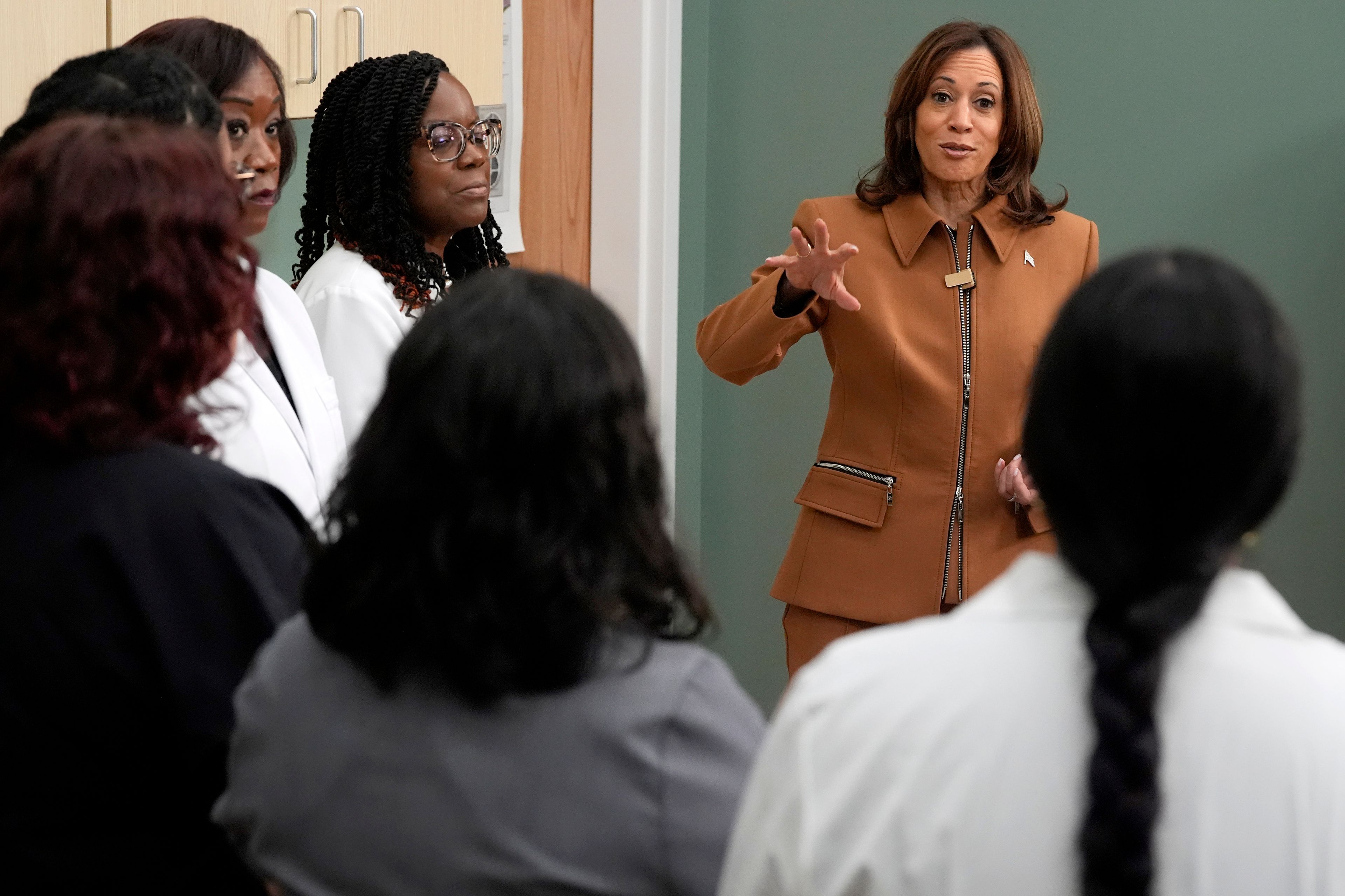 Democratic presidential nominee Vice President Kamala Harris speaks about reproductive care with healthcare providers and medical students in Portage, Mich., Saturday, Oct. 26, 2024. (AP Photo/Jacquelyn Martin)