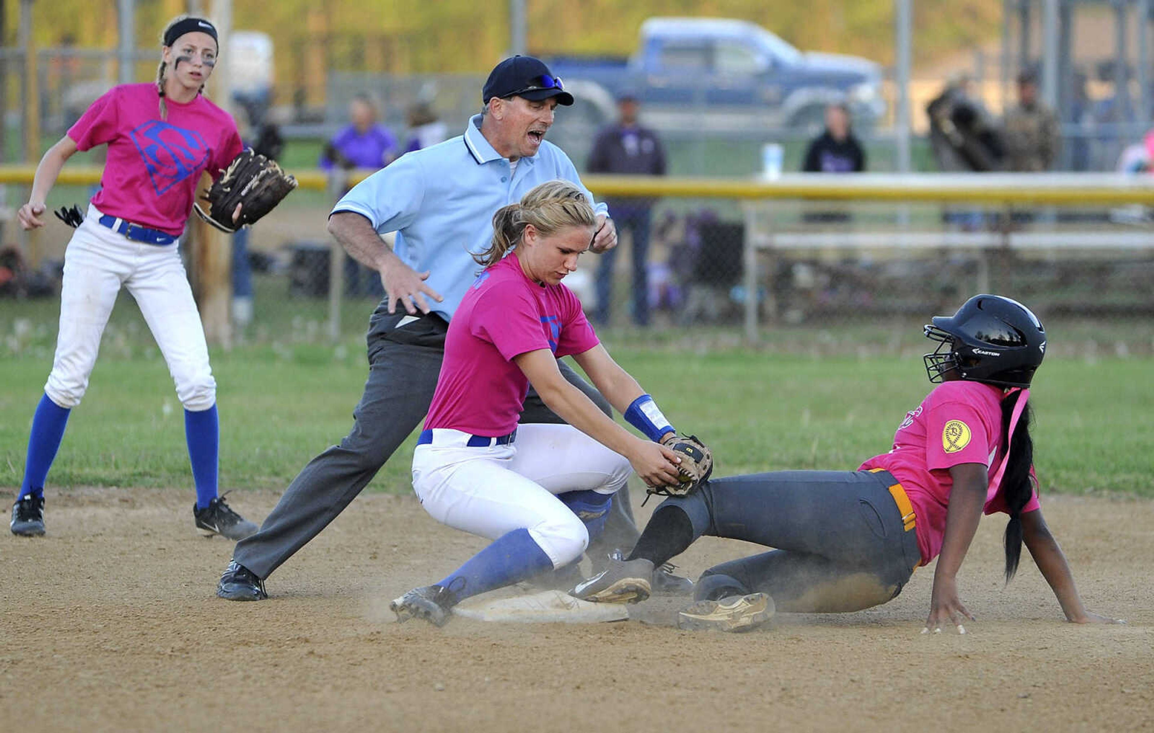 FRED LYNCH ~ flynch@semissourian.com
Scott City shortstop Valerie Bahr tags out Kennett's Anna Wheeler at second base during the first inning in the championship game of the Scott City Softball Fest Saturday, April 23, 2016 in Scott City.