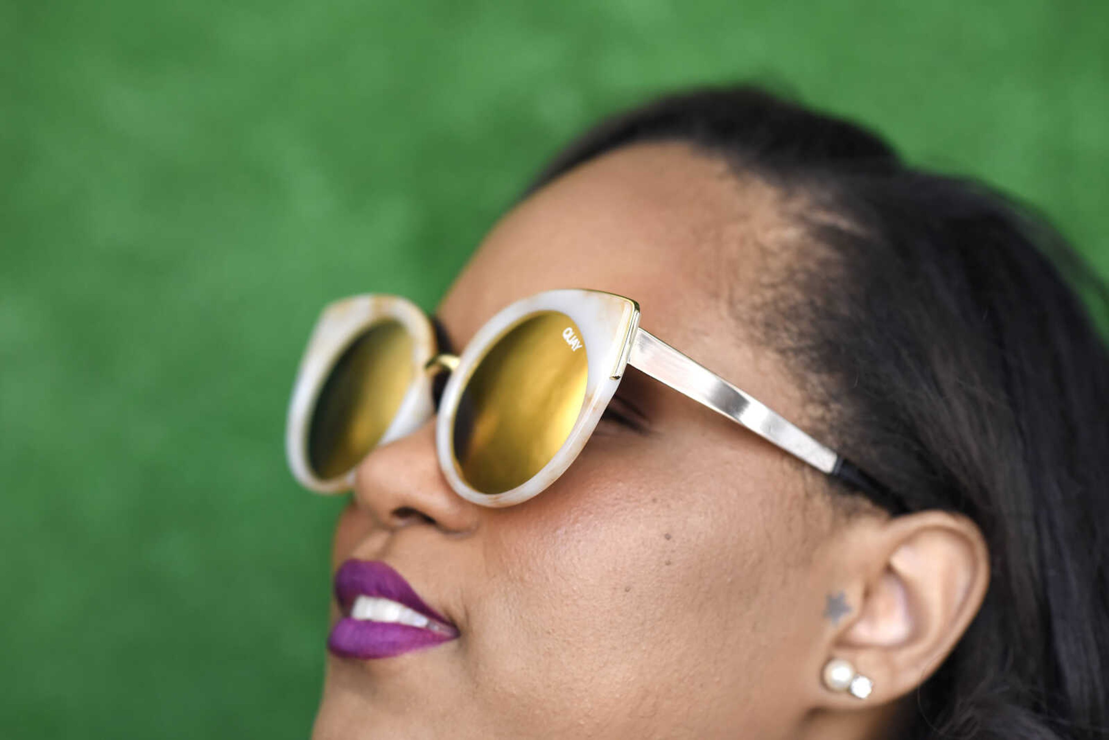 On Kaleisha: Cat-eye frames from Quay Australia, $55 at Atelier