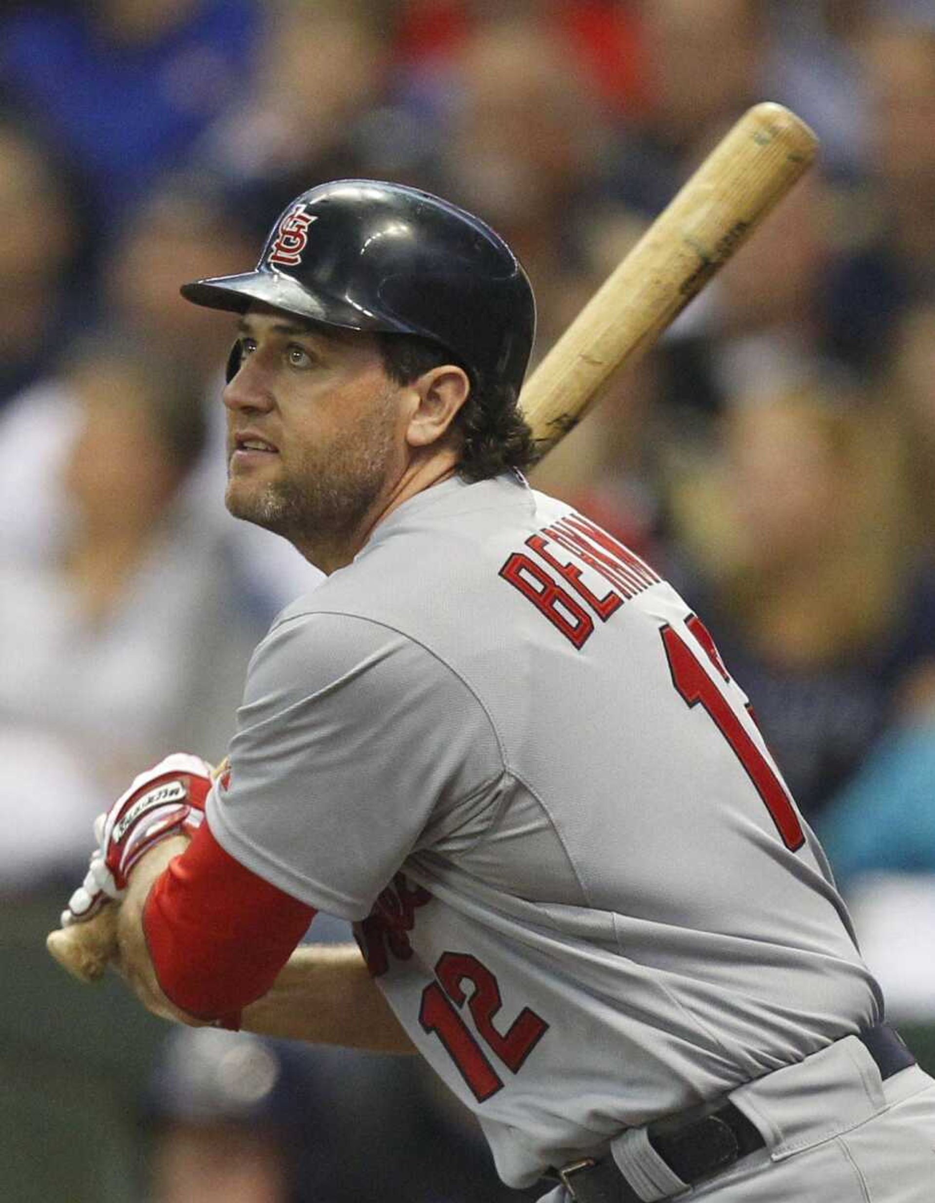 FILE - This June 11, 2011, file photo shows St. Louis Cardinals' Lance Berkman watching his home run against Milwaukee Brewers pitcher Zack Greinke in the sixth inning of a baseball game, in Milwaukee. Berkman was a big, fat question mark when the Cardinals signed him to a one-year free agent deal last winter. (AP Photo/Jeffrey Phelps, File)