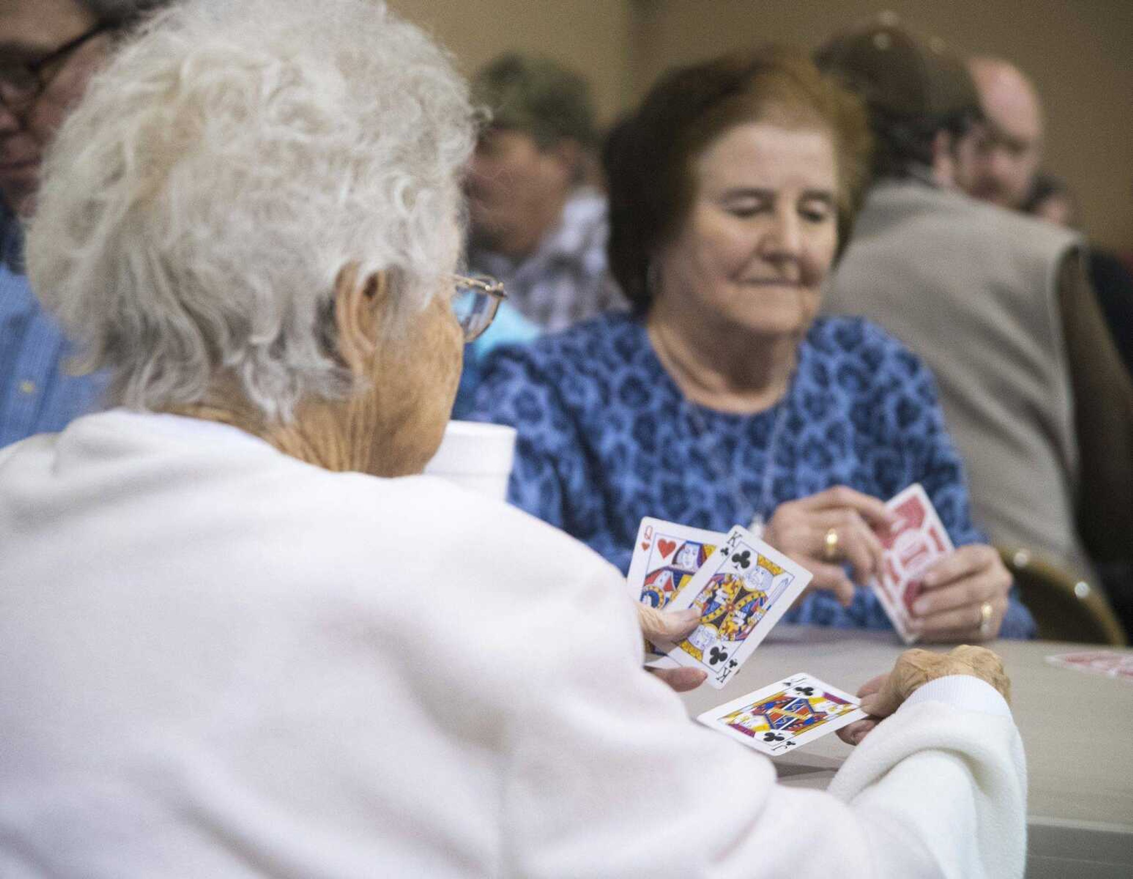 Women play the card game Euchre during a tournament Jan. 14, 2017, at St. Lawrence Catholic Church in New Hamburg, Missouri.