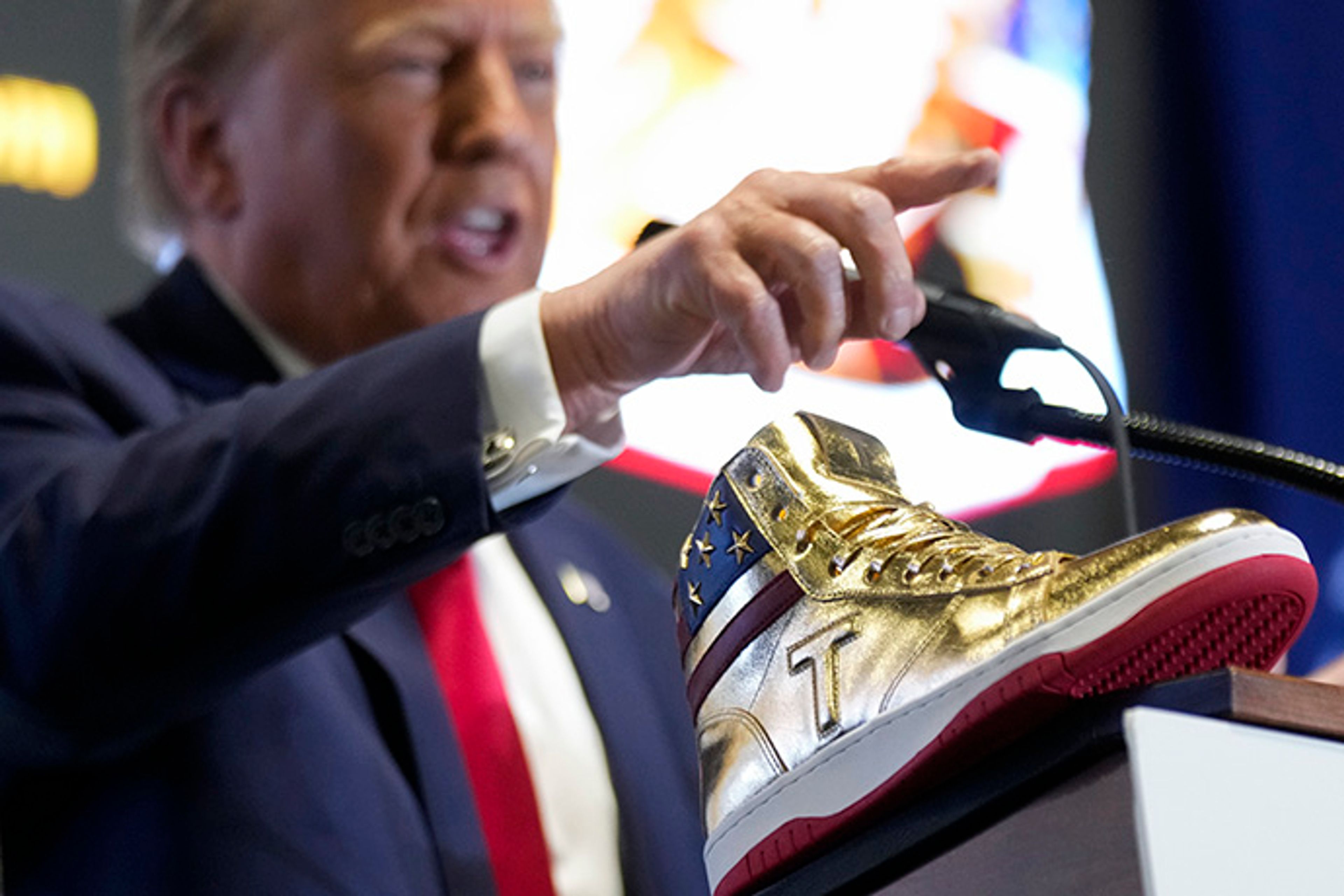 Republican presidential candidate former President Donald Trump attends Sneaker Con Philadelphia, an event popular among sneaker collectors, in Philadelphia, Saturday, Feb. 17, 2024. Trump announced a Trump sneaker.