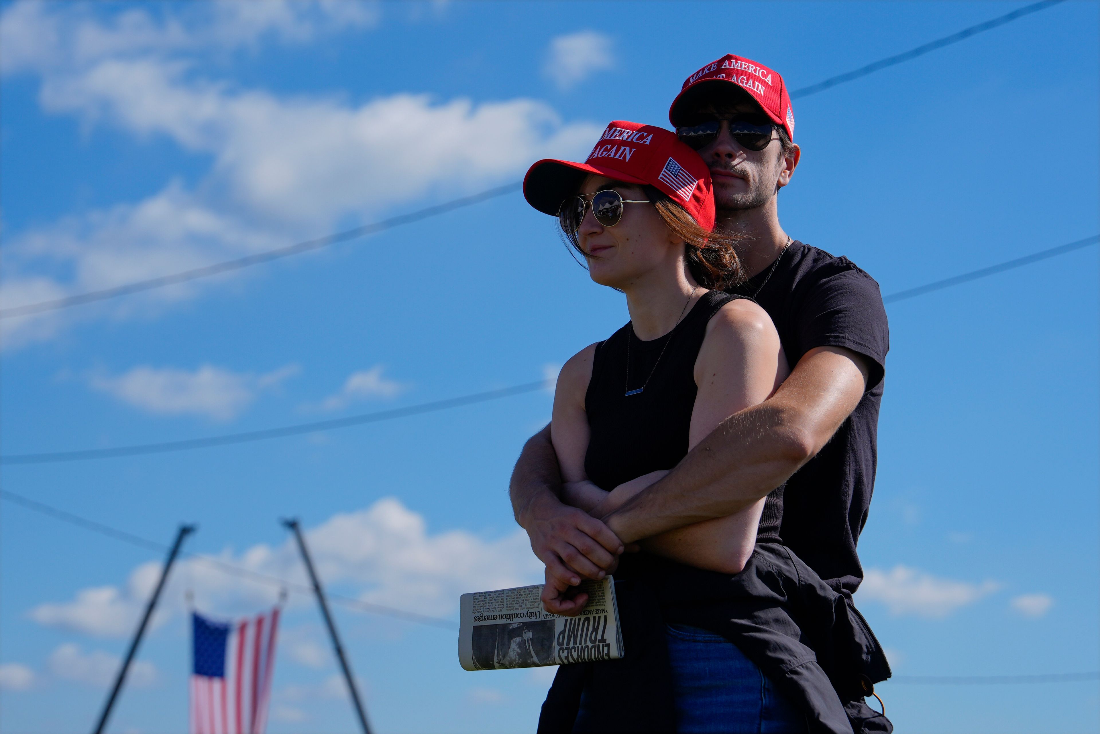 Megan and Ian Meier arrive before Republican presidential nominee former President Donald Trump speaks at a campaign rally at the Butler Farm Show, Saturday, Oct. 5, 2024, in Butler, Pa. (AP Photo/Julia Demaree Nikhinson)